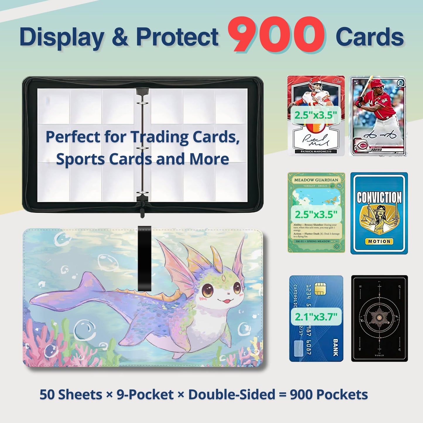 UGYAZX Trading Card Binder 900 Pockets – 3-Ring, Zippered PU Cover, Axolotl Design