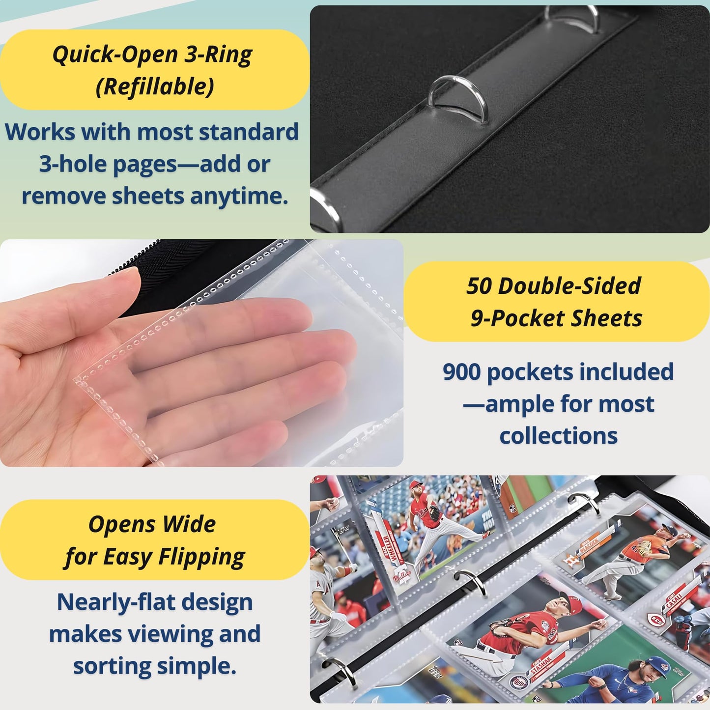UGYAZX Trading Card Binder 900 Pockets – 3-Ring, Zippered PU Cover, Axolotl Design