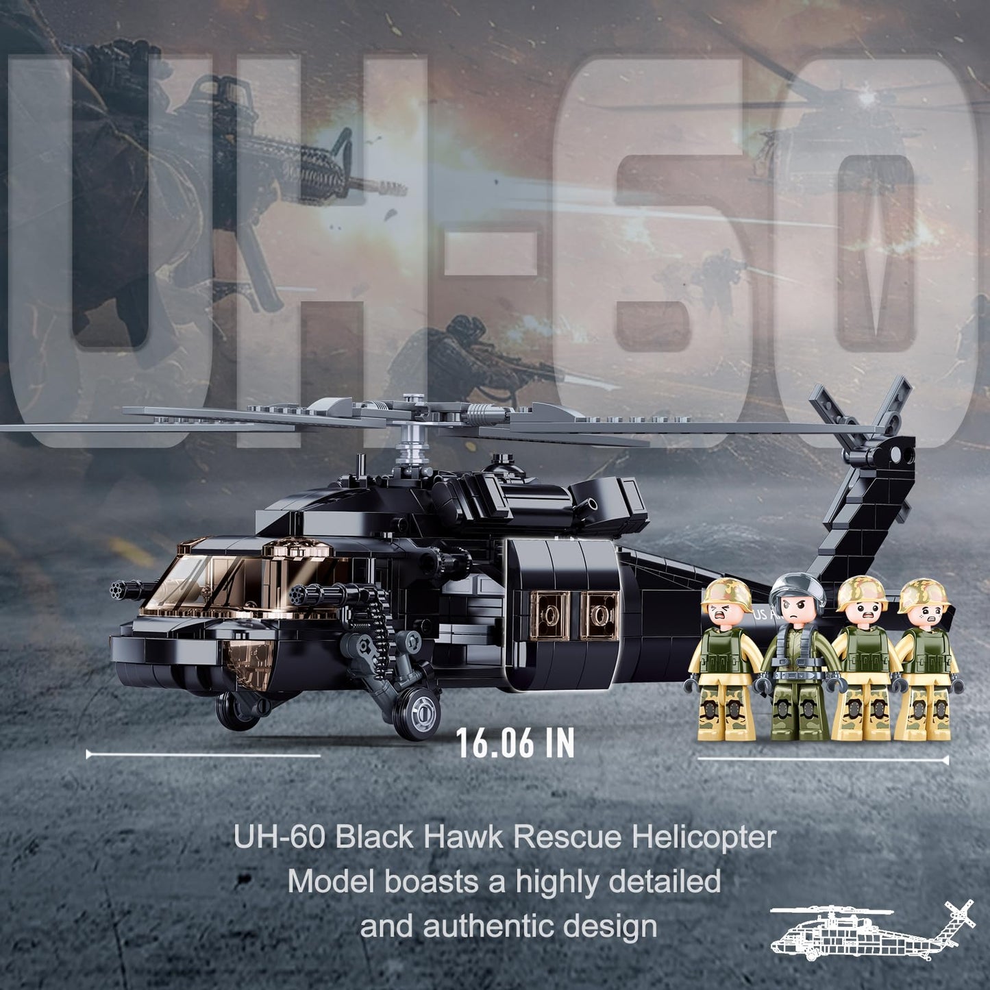 UH-60 Black Hawk Rescue Helicopter Model – 692 pcs, 4 Minifigures, Lego-Compatible