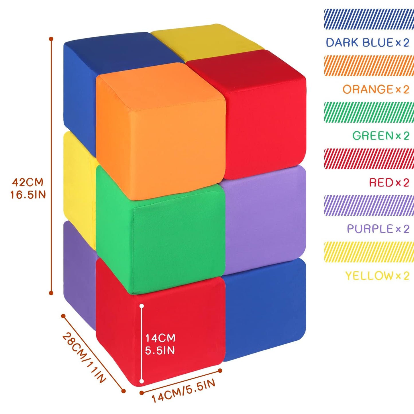 UHAPPYEE Foam Blocks for Toddlers 1-3 | 12 Soft Foam Cubes (5.5-inch) | Colourful Stacking Blocks