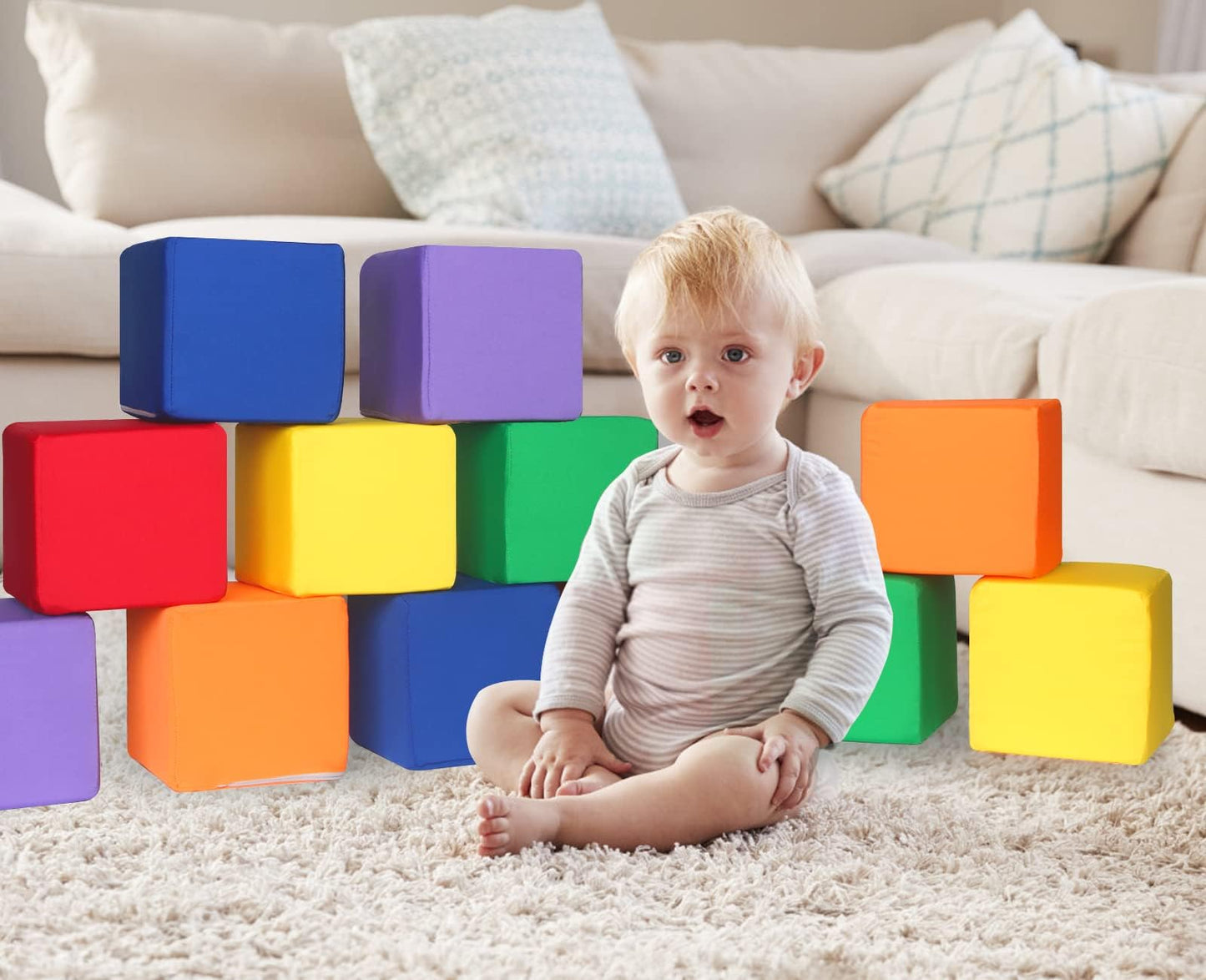 UHAPPYEE Foam Blocks for Toddlers 1-3 | 12 Soft Foam Cubes (5.5-inch) | Colourful Stacking Blocks