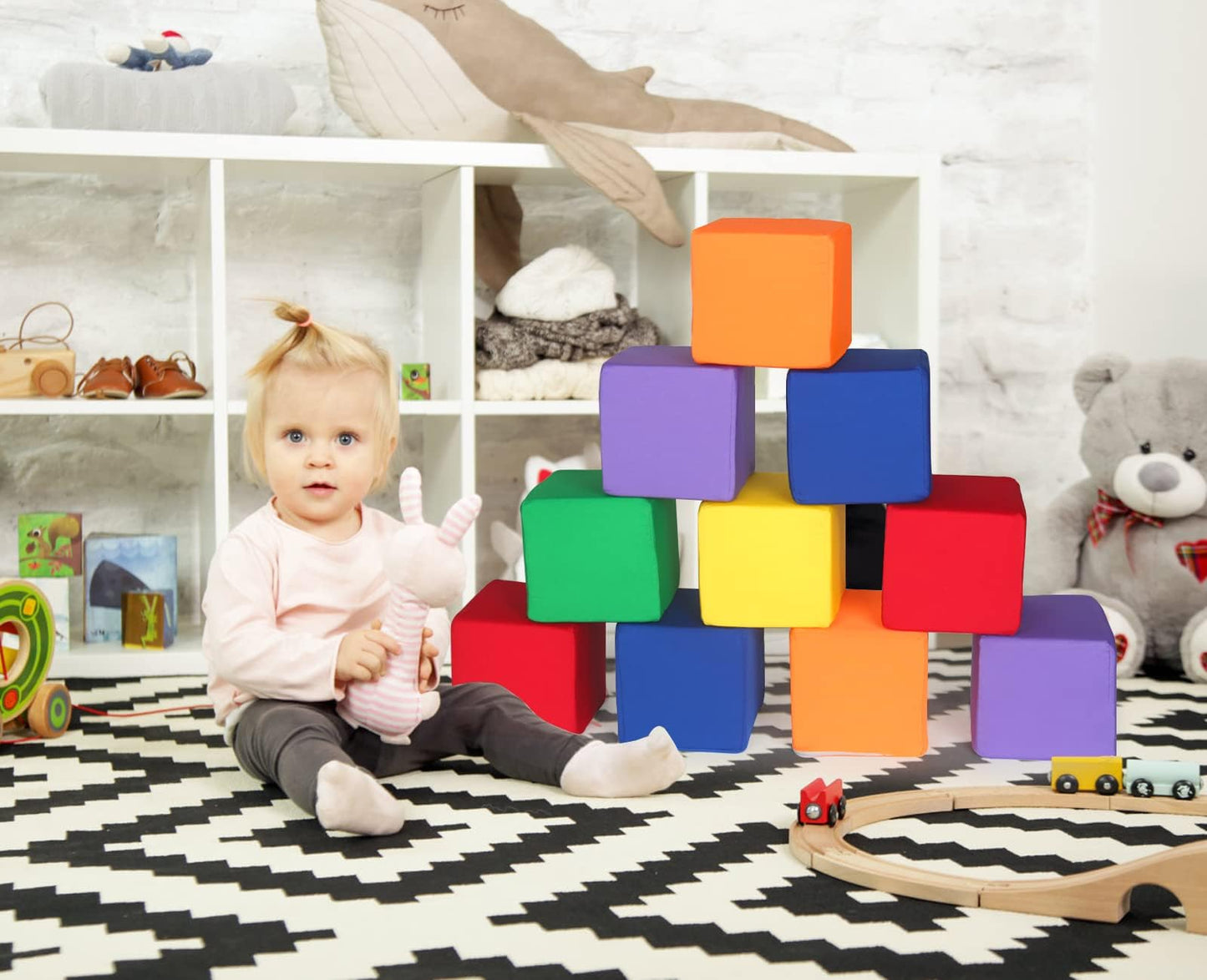UHAPPYEE Foam Blocks for Toddlers 1-3 | 12 Soft Foam Cubes (5.5-inch) | Colourful Stacking Blocks
