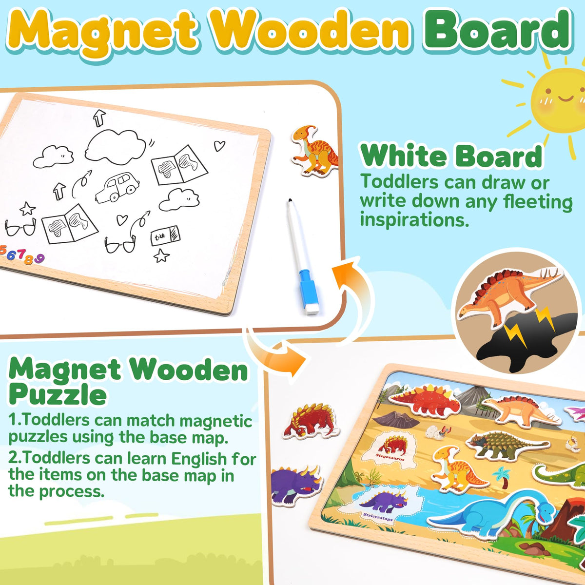 UIIOPJIOM Magnetic Wooden Puzzle for Toddlers – Dinosaur Matching Busy Board & Travel Toy