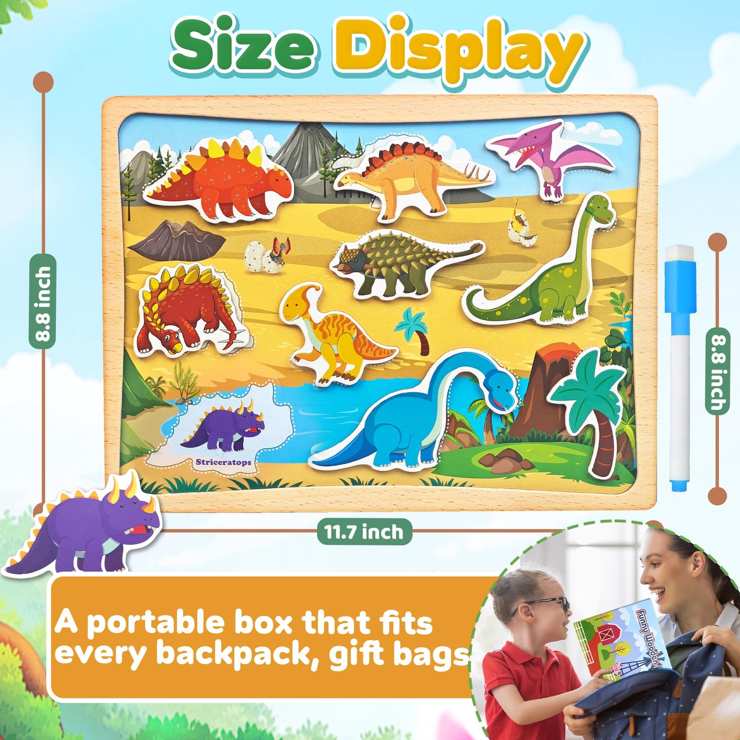 UIIOPJIOM Magnetic Wooden Puzzle for Toddlers – Dinosaur Matching Busy Board & Travel Toy