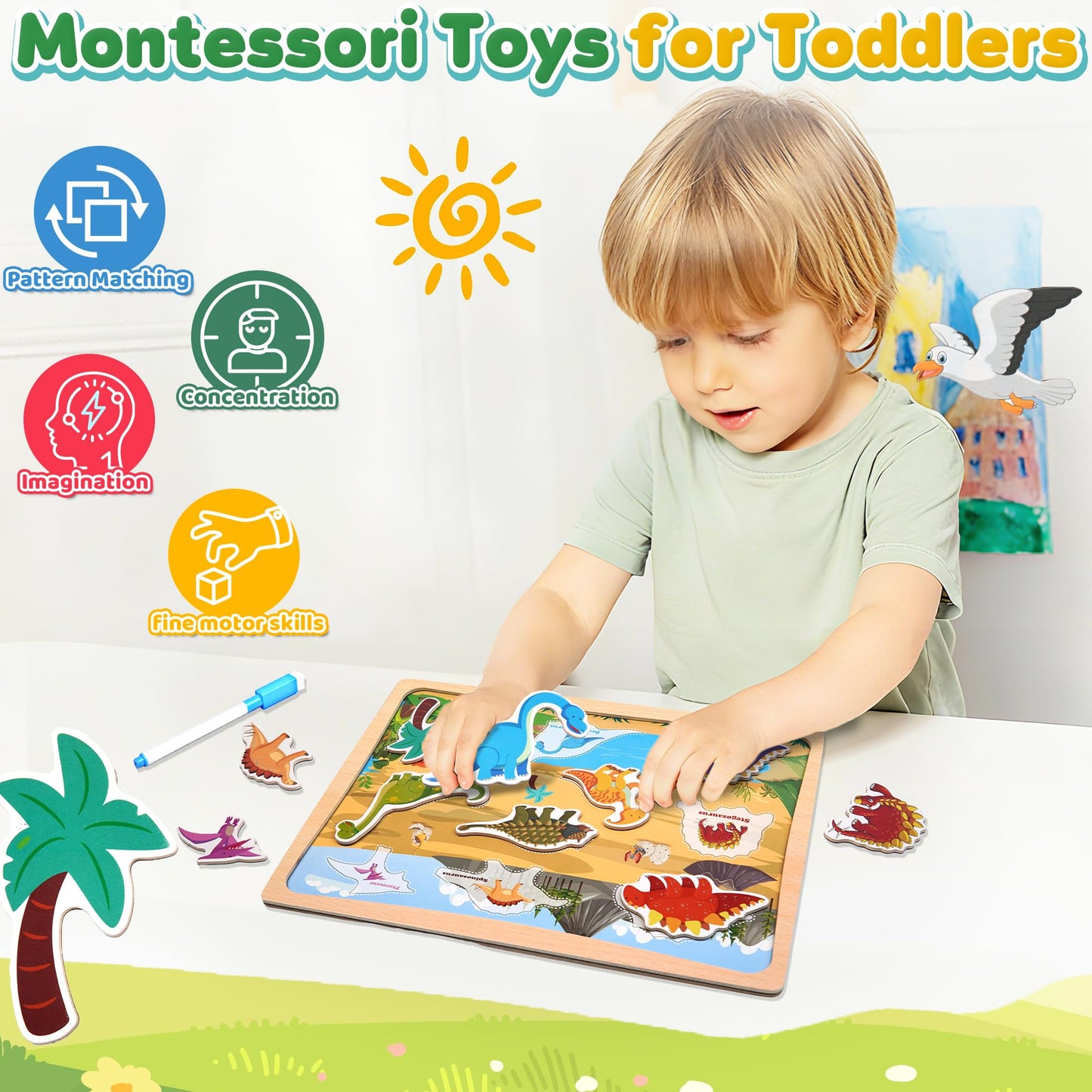 UIIOPJIOM Magnetic Wooden Puzzle for Toddlers – Dinosaur Matching Busy Board & Travel Toy