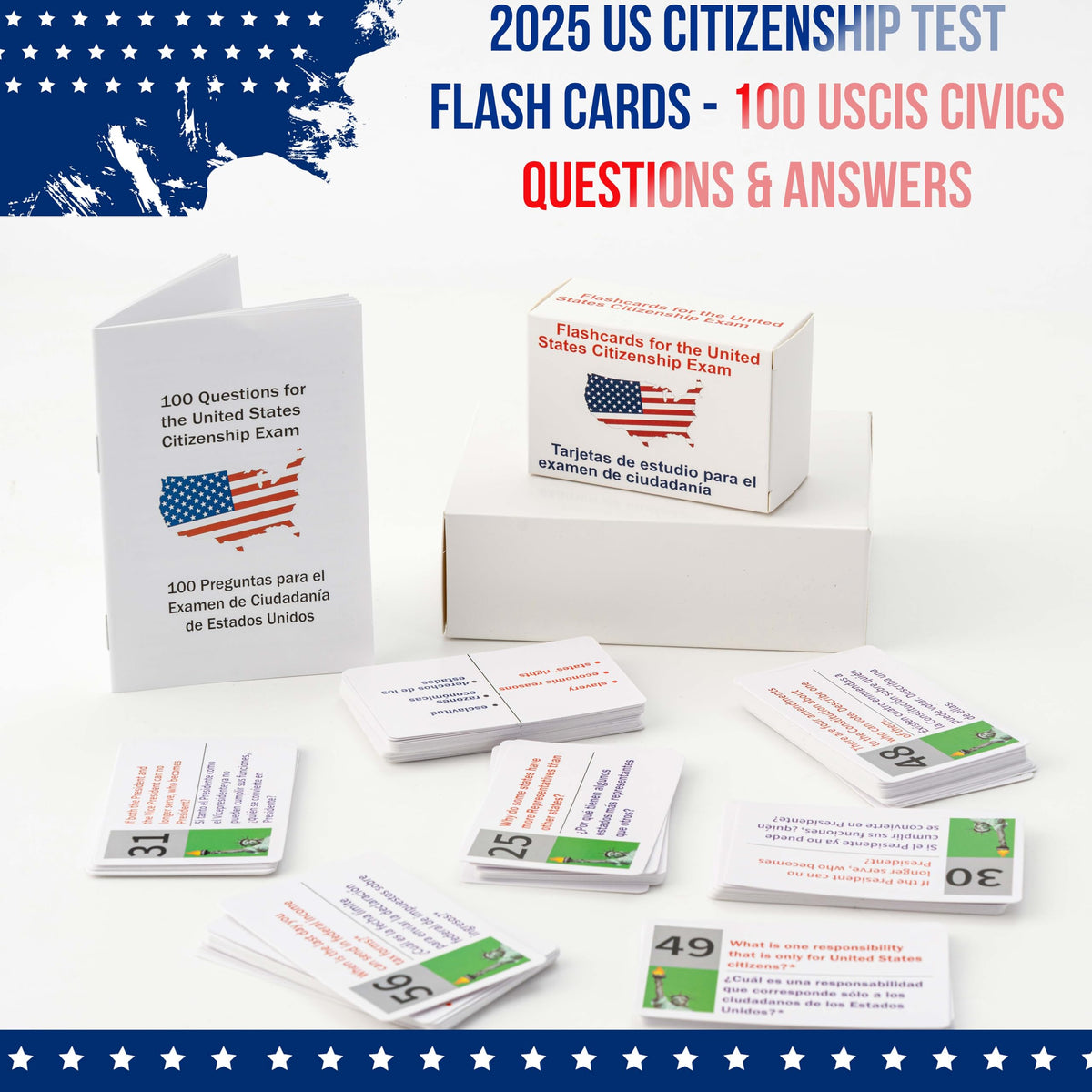 UIONML US Civic Test Flash Cards 2026 – Bilingual English & Spanish (100 Questions) – Citizenship Prep