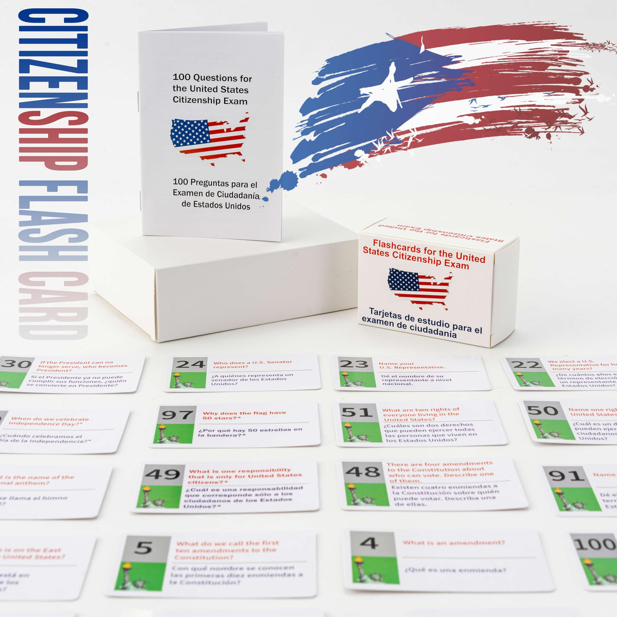 UIONML US Civic Test Flash Cards 2026 – Bilingual English & Spanish (100 Questions) – Citizenship Prep