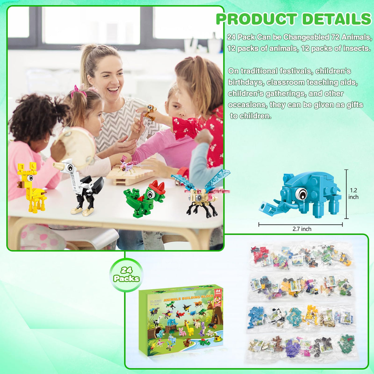 Uiqozok 24-Pack Kids Building Block Party Favors – 72 Animal Models (Ages 6+)