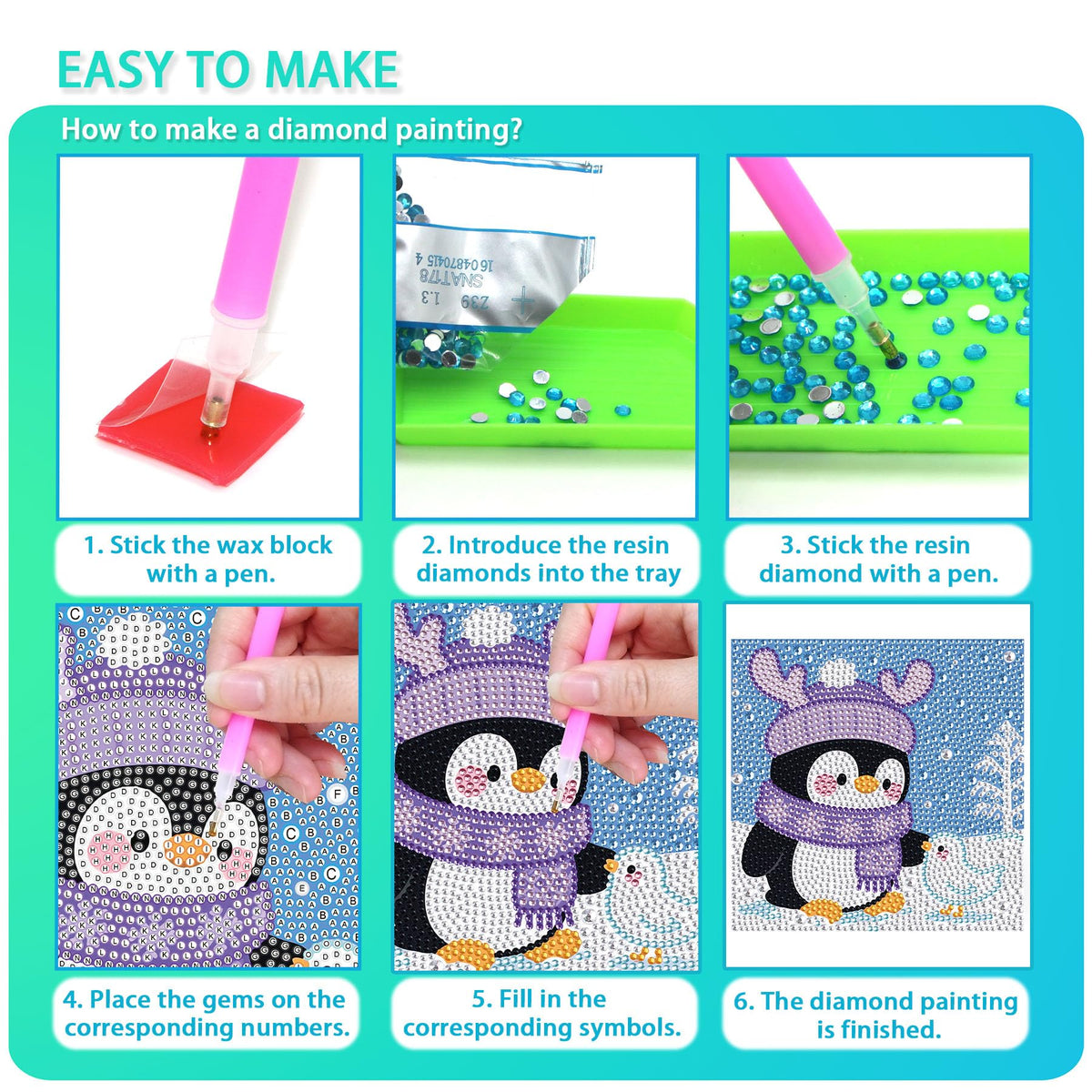 UiSdfuy Diamond Art Kits for Kids – 4-Pack Diamond Painting 6x6 (Penguin, Crocodile, Frog)