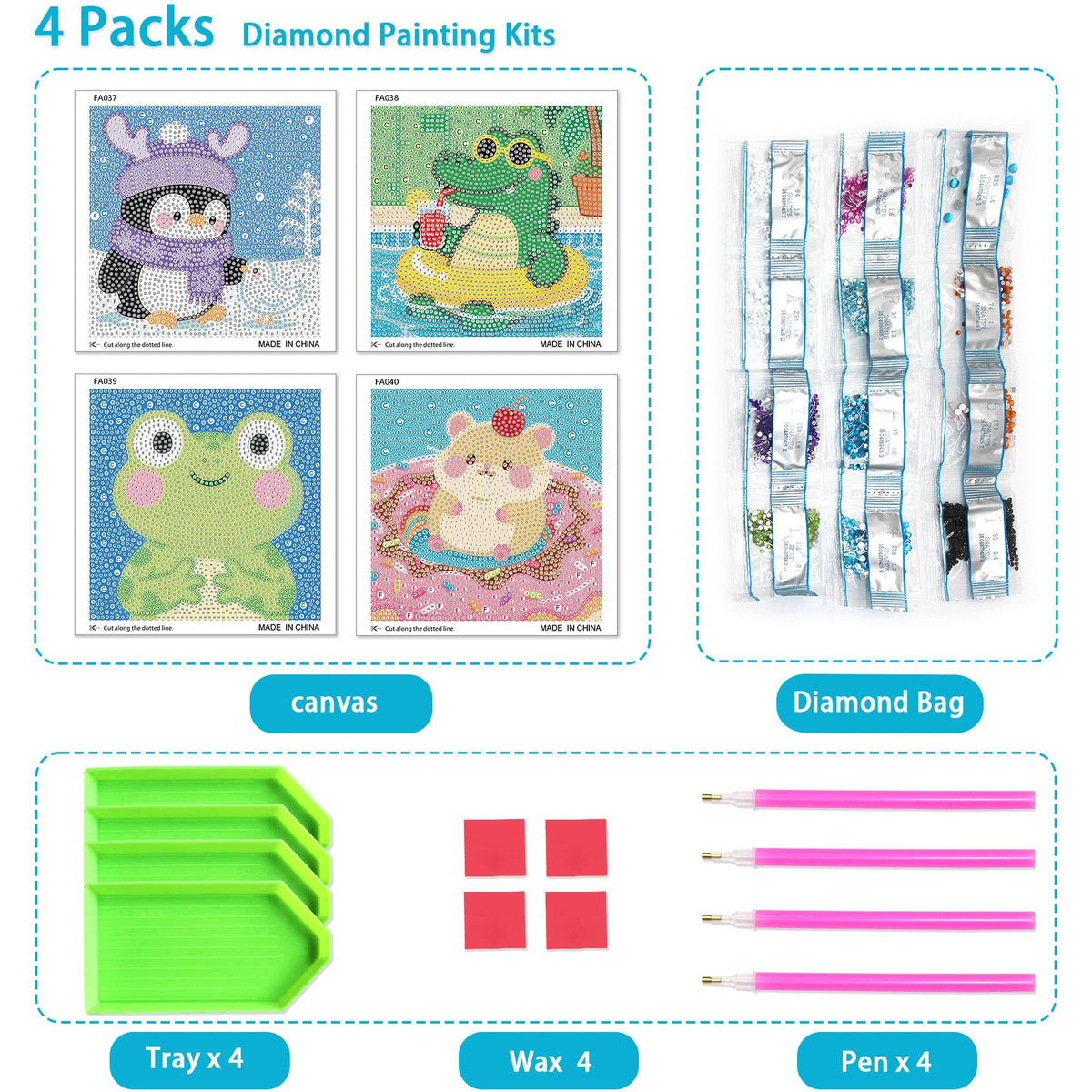 UiSdfuy Diamond Art Kits for Kids – 4-Pack Diamond Painting 6x6 (Penguin, Crocodile, Frog)