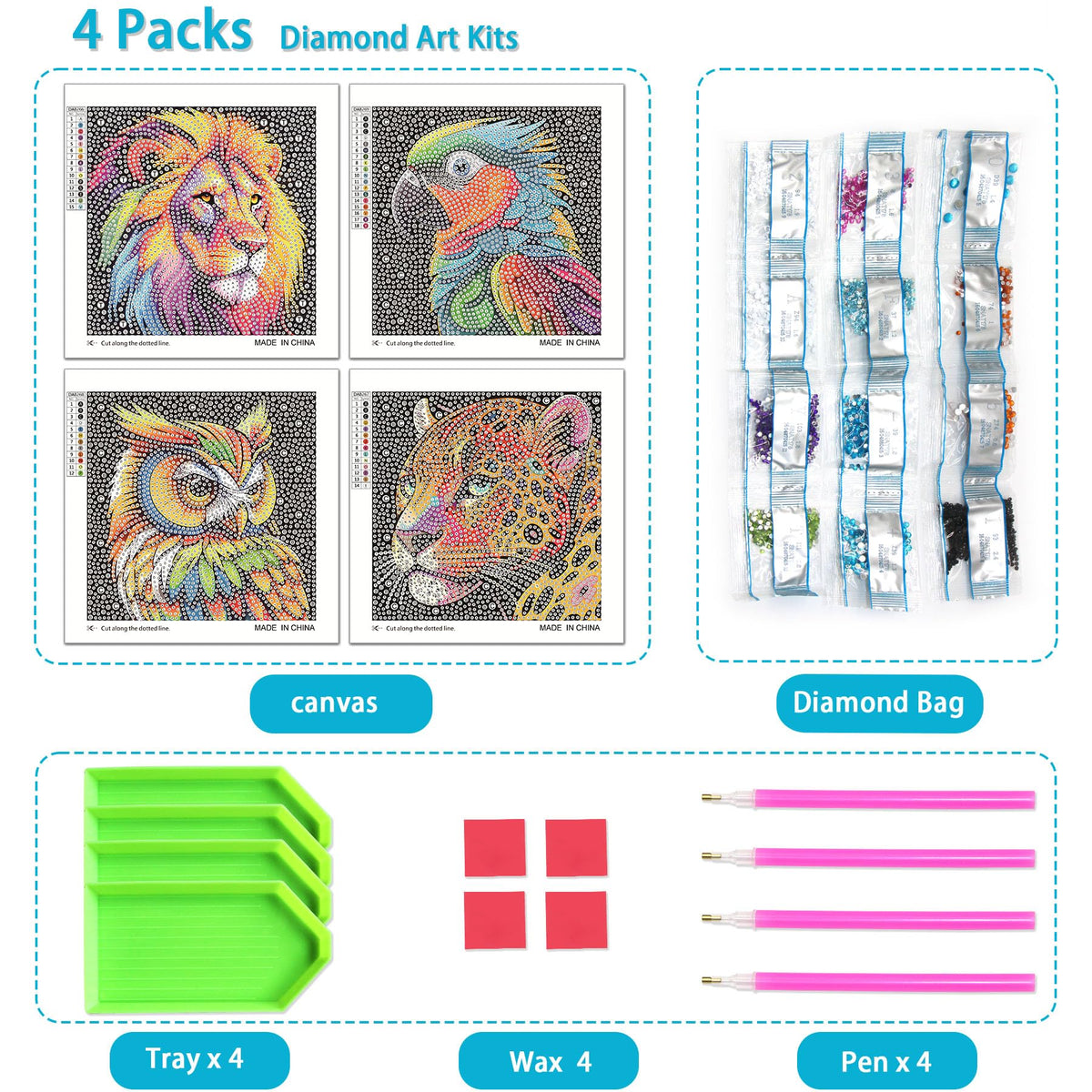 UiSdfuy Diamond Art Kits for Kids – 4-Pack 6x6 Diamond Painting (Lion/Owl/Leopard/Parrot)