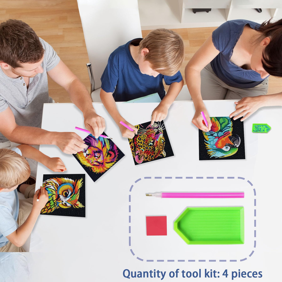 UiSdfuy Diamond Art Kits for Kids – 4-Pack 6x6 Diamond Painting (Lion/Owl/Leopard/Parrot)