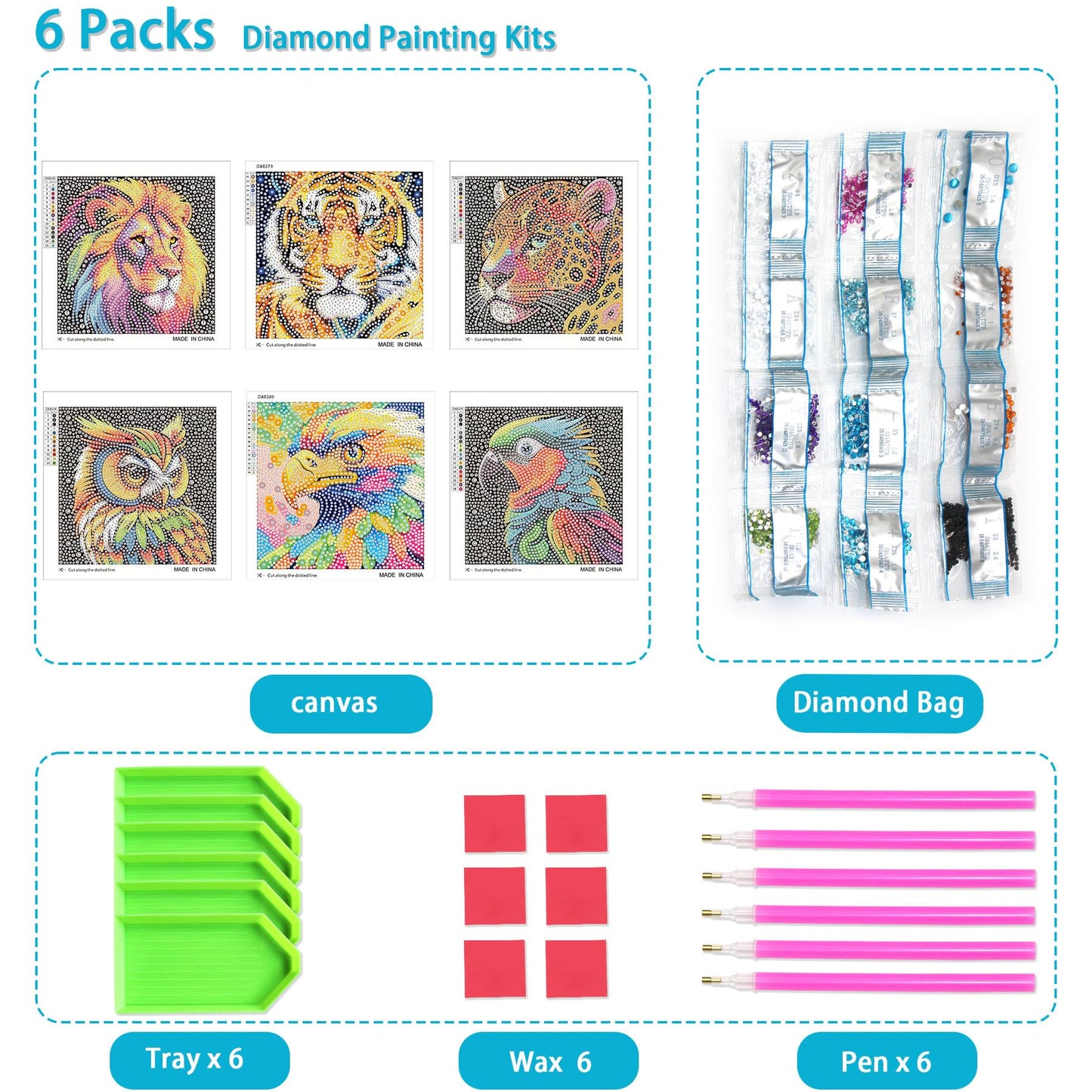 UiSdfuy Diamond Painting Kits for Kids — 6-Pack Animal Dots, 6" x 6" Canvases