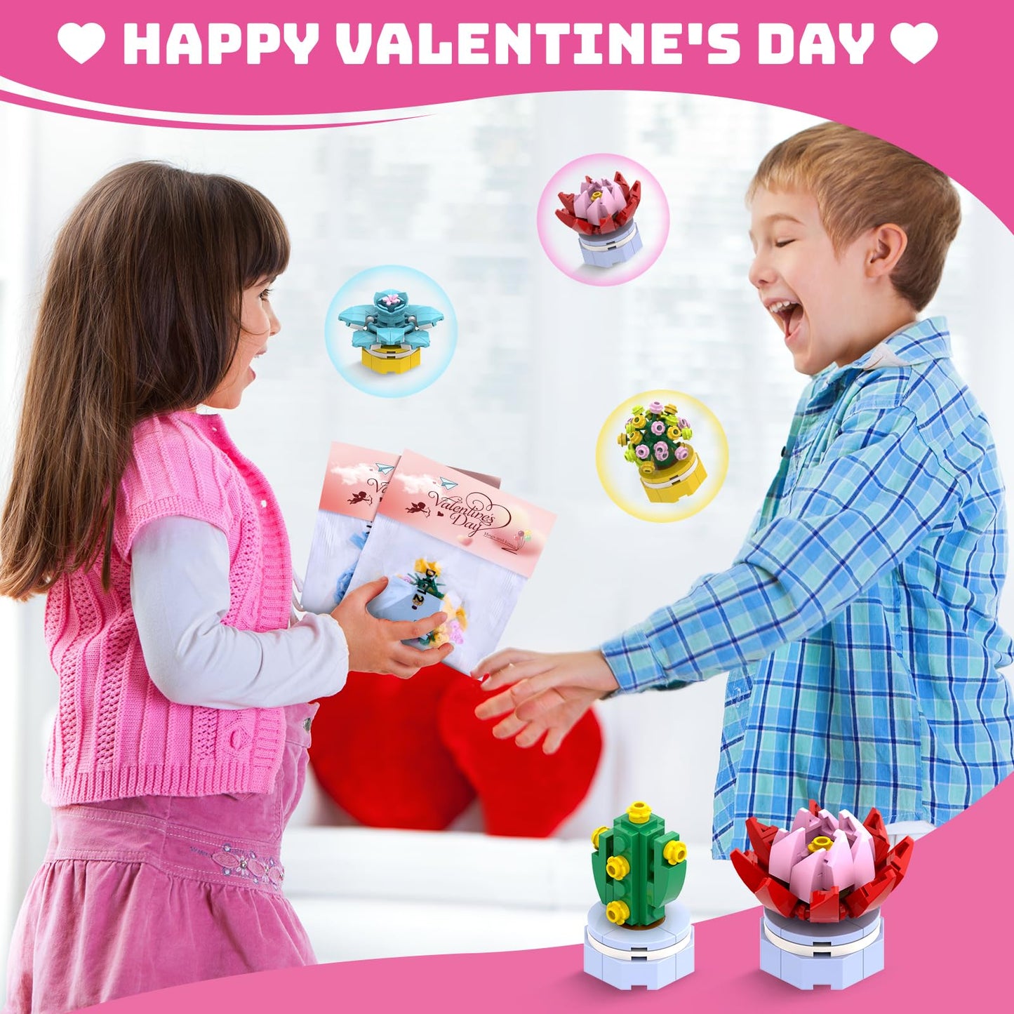 Uiseba Valentines Day Gifts for Kids – 24 Building Block Flower Kits & Cards