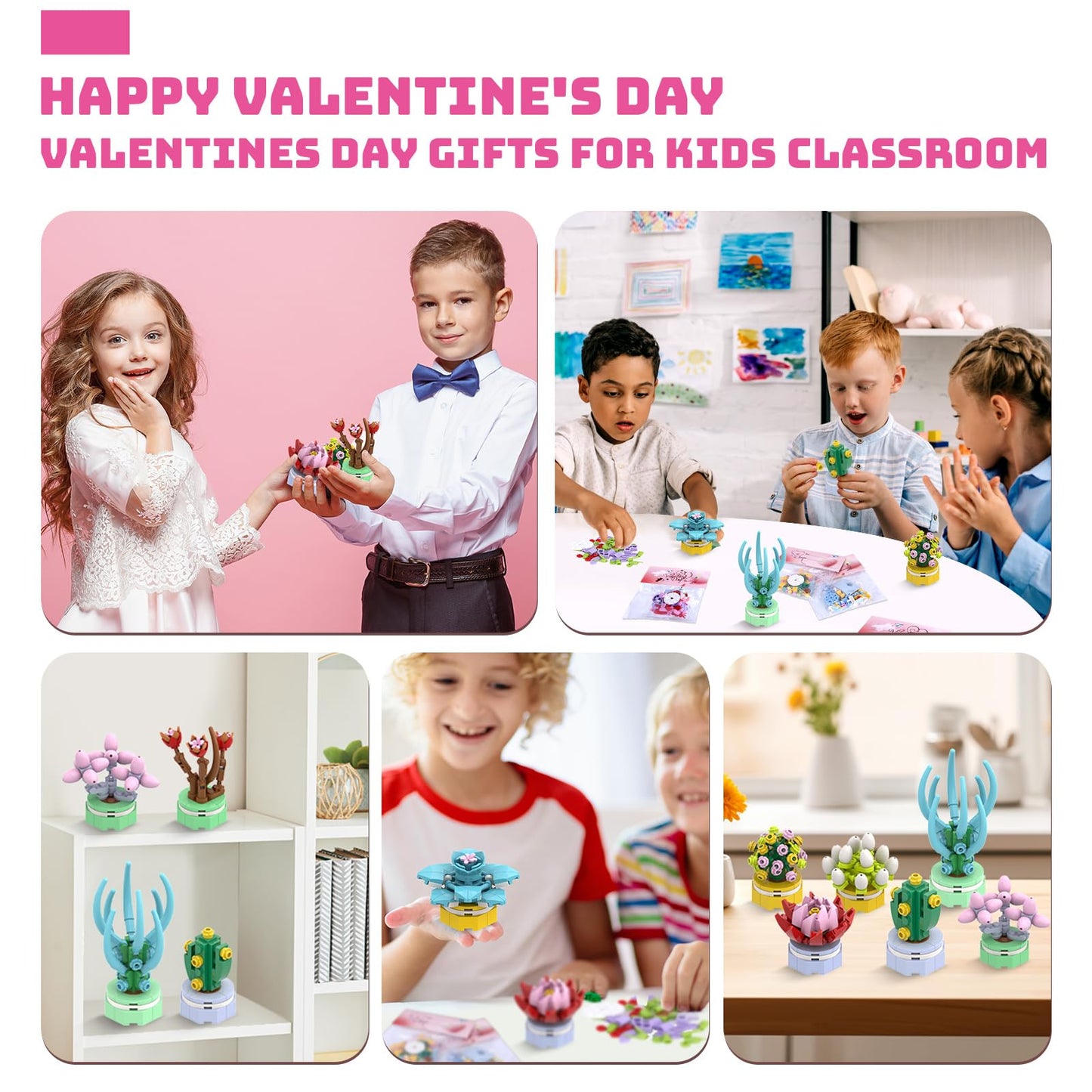 Uiseba Valentines Day Gifts for Kids – 24 Building Block Flower Kits & Cards