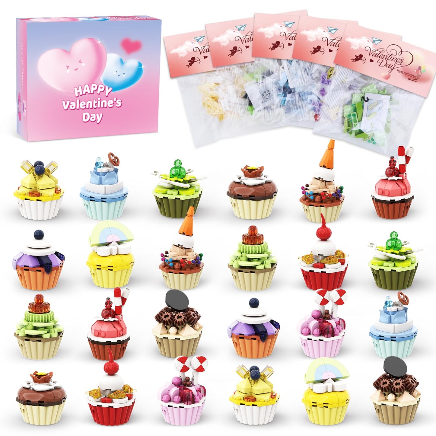 Uiseba Valentines Day Gifts for Kids Classroom — 24 Pcs Cake Building Blocks & Cards