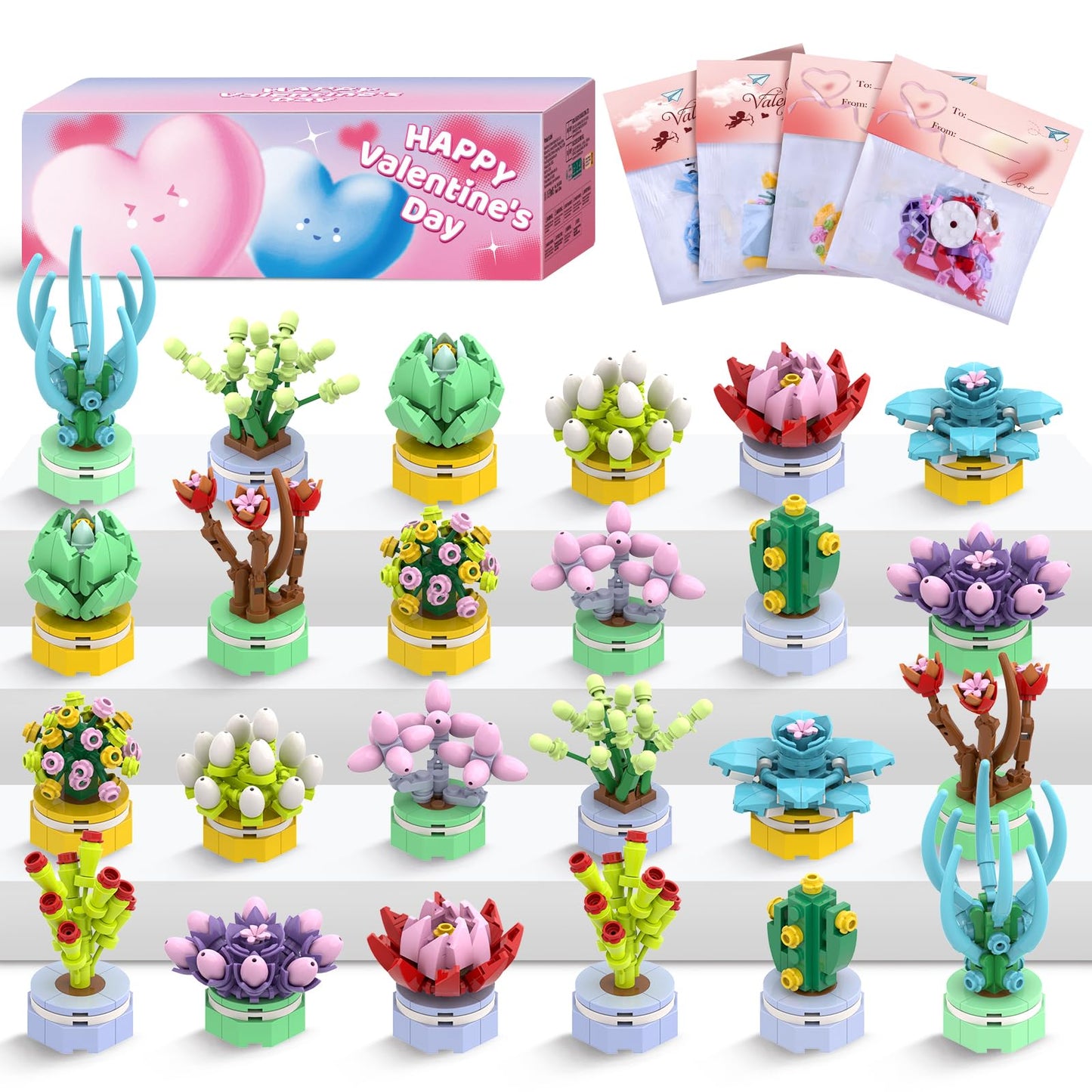 Uiseba Valentines Day Gifts for Kids – 24 Building Block Flower Kits & Cards