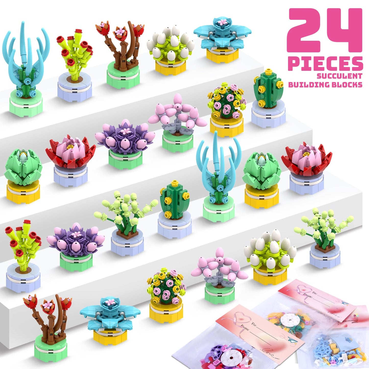 Uiseba Valentines Day Gifts for Kids – 24 Building Block Flower Kits & Cards