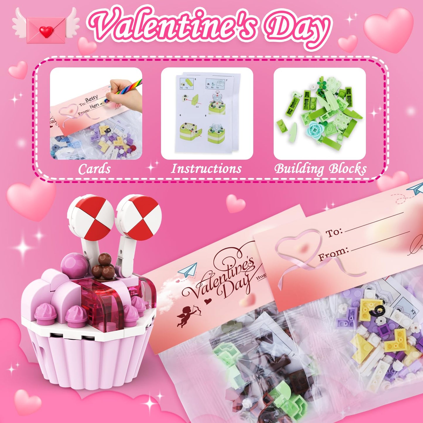 Uiseba Valentines Day Gifts for Kids Classroom — 24 Pcs Cake Building Blocks & Cards