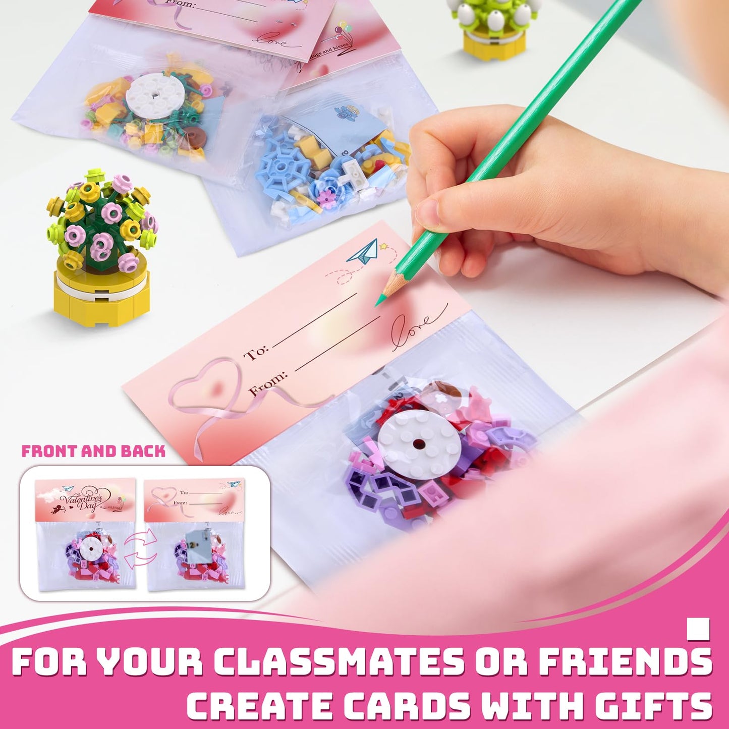 Uiseba Valentines Day Gifts for Kids – 24 Building Block Flower Kits & Cards