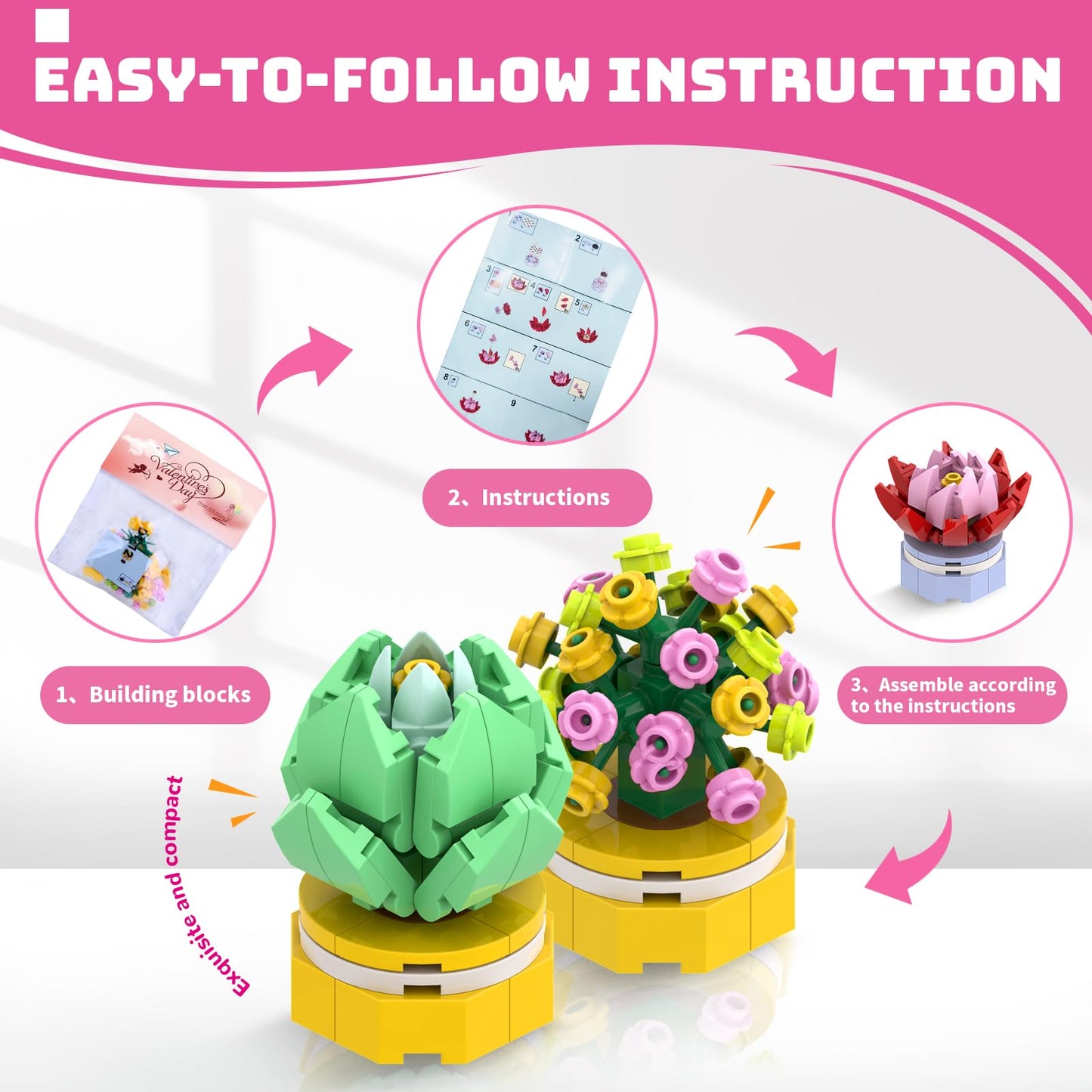 Uiseba Valentines Day Gifts for Kids – 24 Building Block Flower Kits & Cards