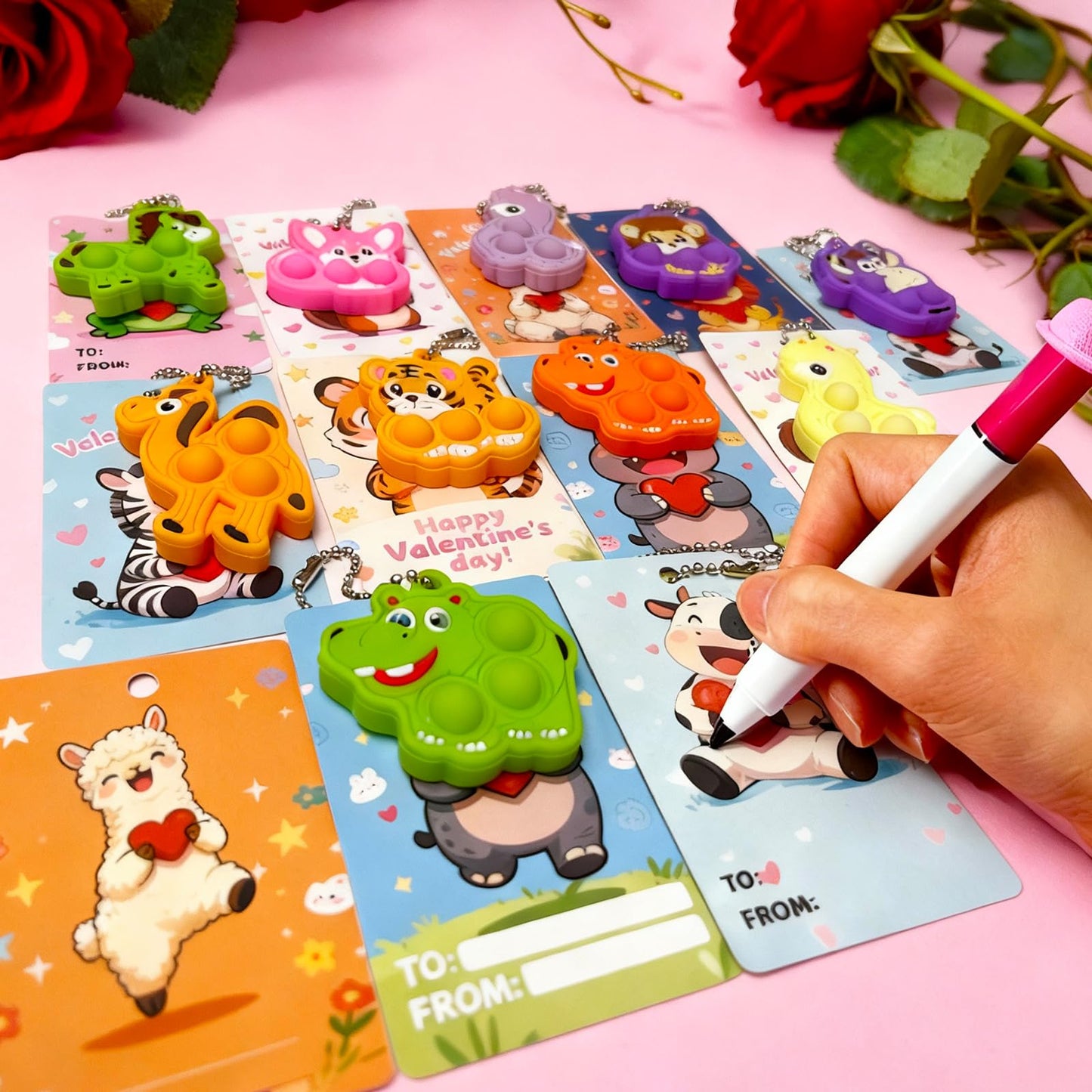 UJZJPEX Valentines Cards for Kids Classroom Set with 24 Animal Pop Fidget Toys – Party Favors & Gifts