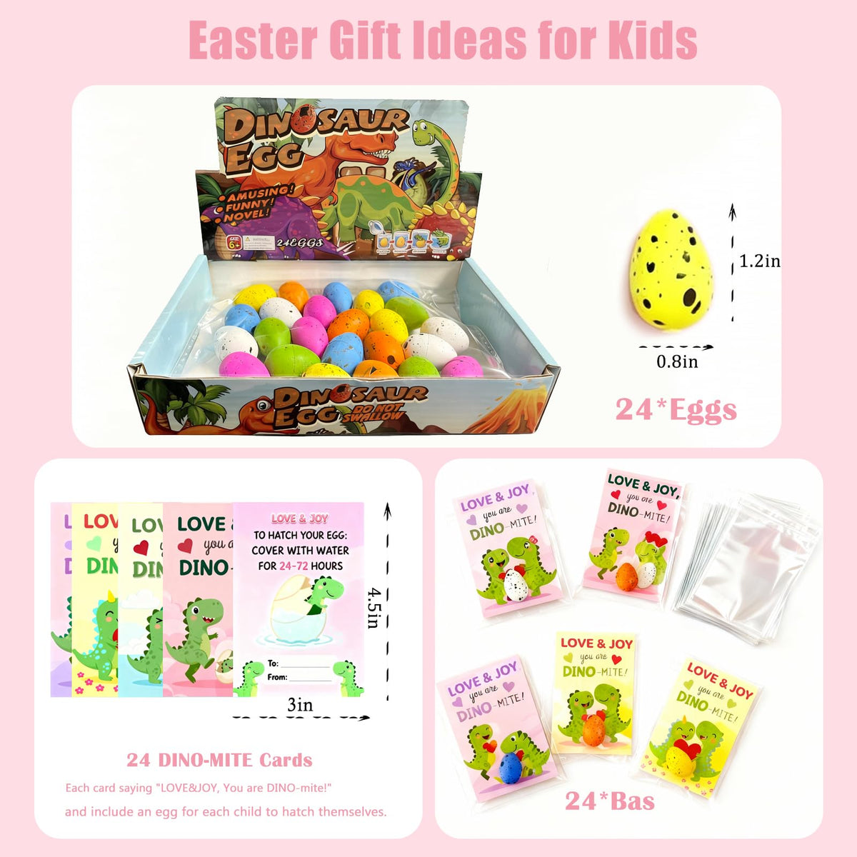 UJZJPEX 24-Pack Magic Hatching Dinosaur Eggs – Valentine Cards, Kids Gifts & Party Favors