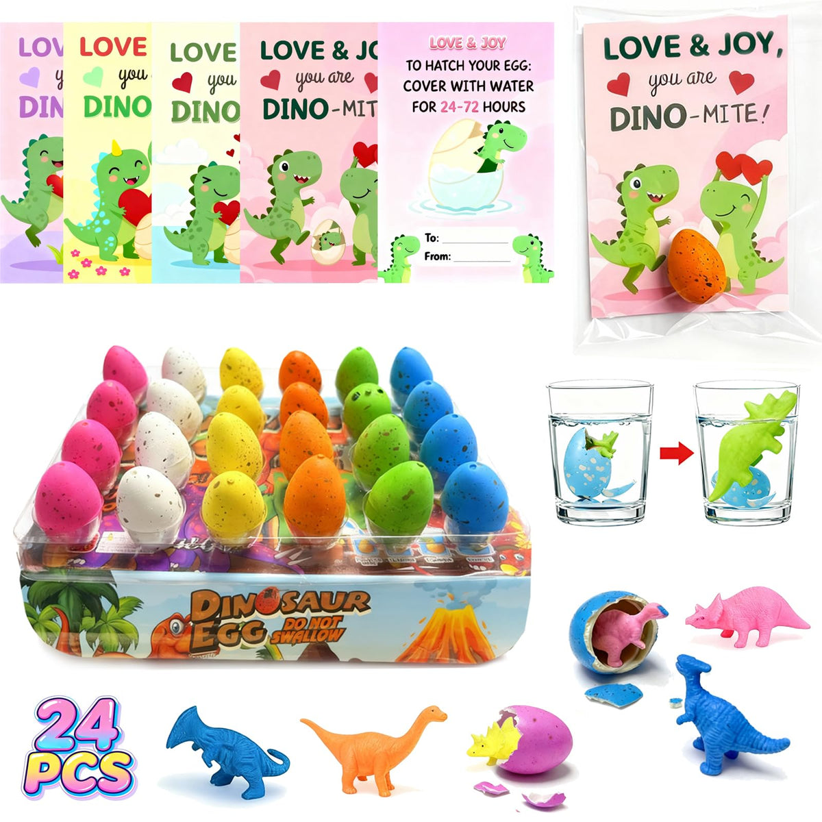UJZJPEX 24-Pack Magic Hatching Dinosaur Eggs – Valentine Cards, Kids Gifts & Party Favors