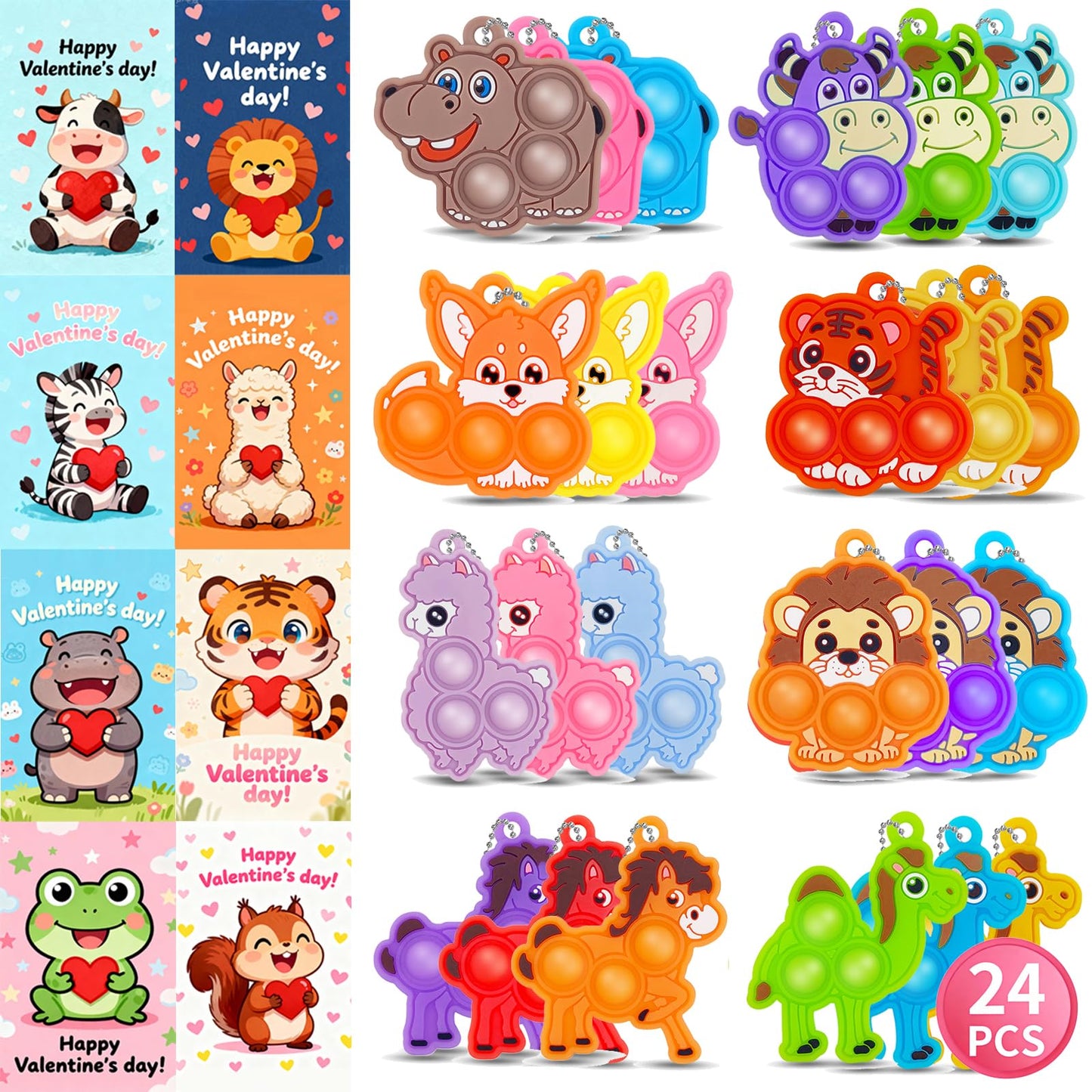 UJZJPEX Valentines Cards for Kids Classroom Set with 24 Animal Pop Fidget Toys – Party Favors & Gifts
