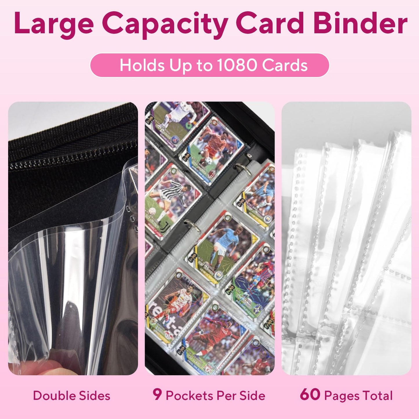 ULLTOON Portable 9-Pocket Card Binder – Holds 1,080 Cards (Pink)