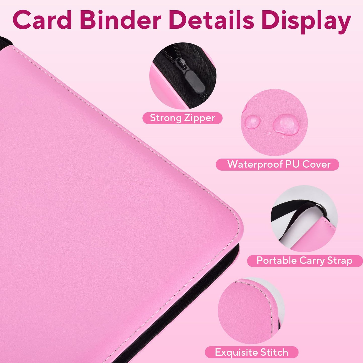 ULLTOON Portable 9-Pocket Card Binder – Holds 1,080 Cards (Pink)