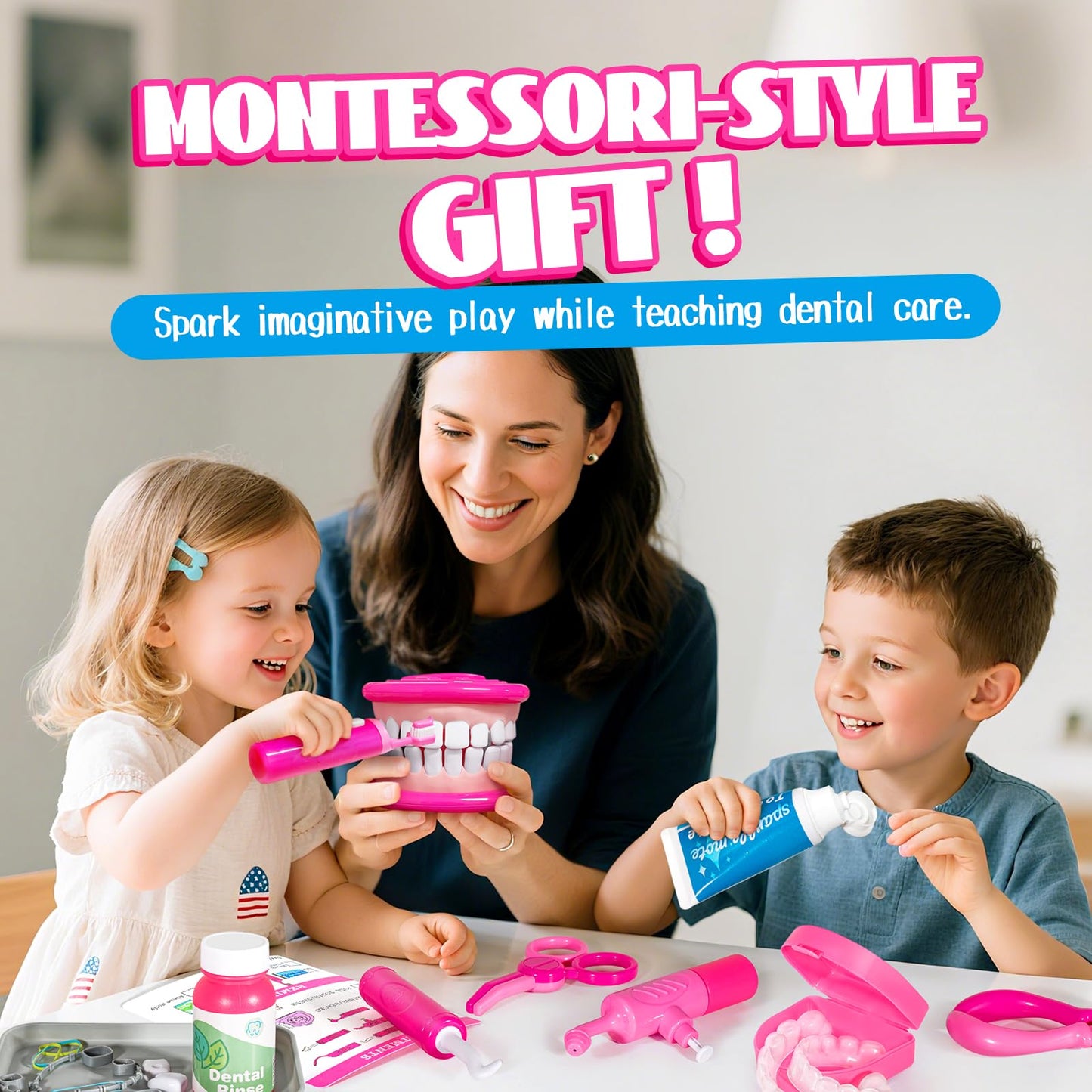 ULOVE ME Kids Dentist Play Set Pink – 22-Piece Dental Kit for Pretend Play