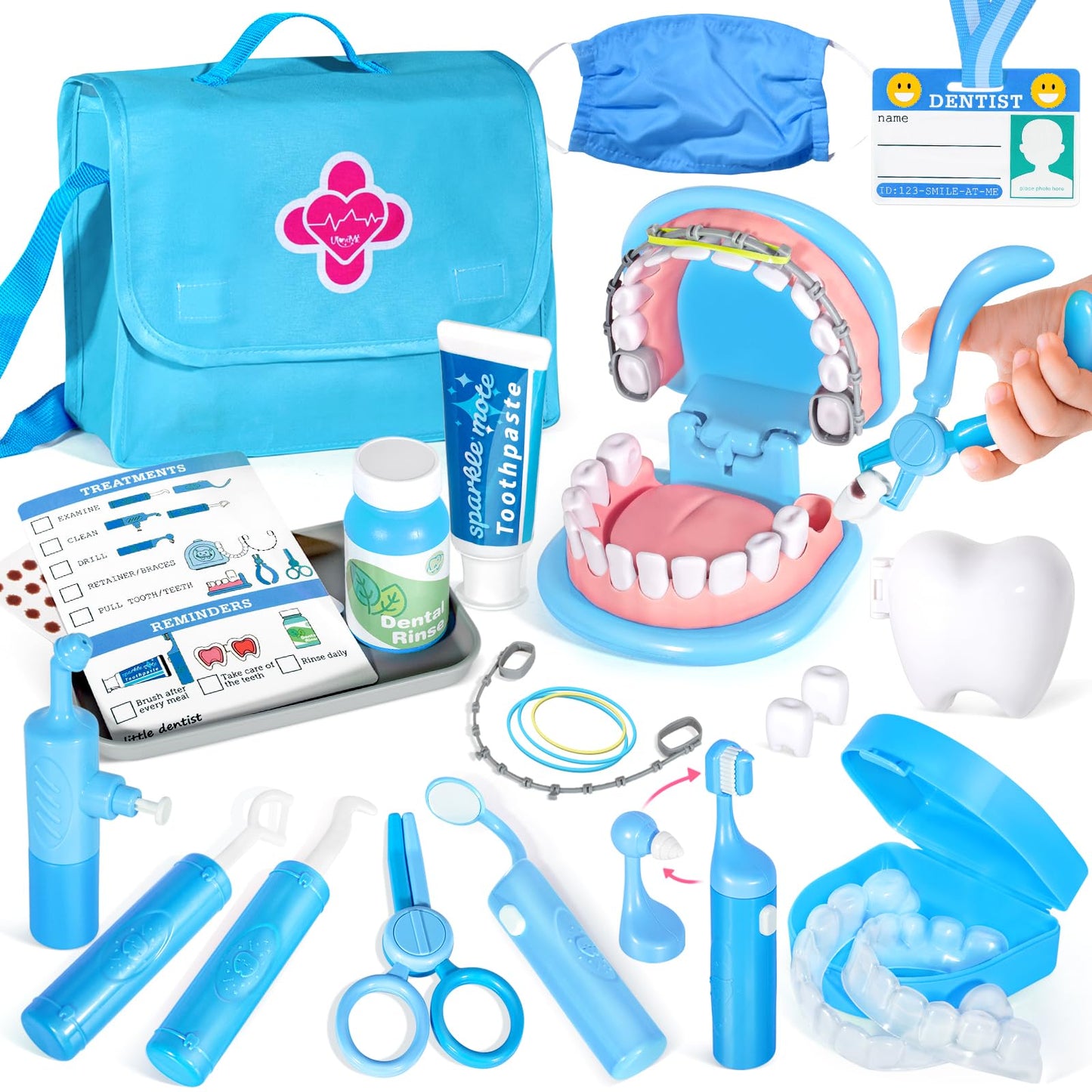 ULOVEME Dentist Playset for Kids 4-6 – Oversized Teeth, Braces & Retainer – Blue