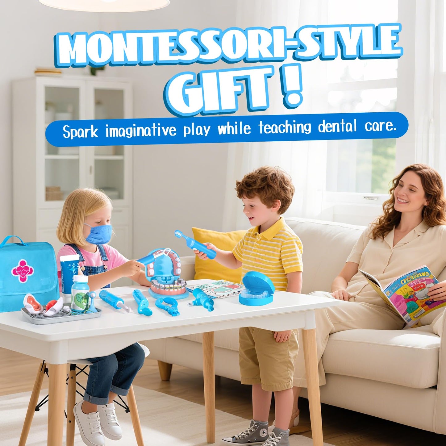 ULOVEME Dentist Playset for Kids 4-6 – Oversized Teeth, Braces & Retainer – Blue