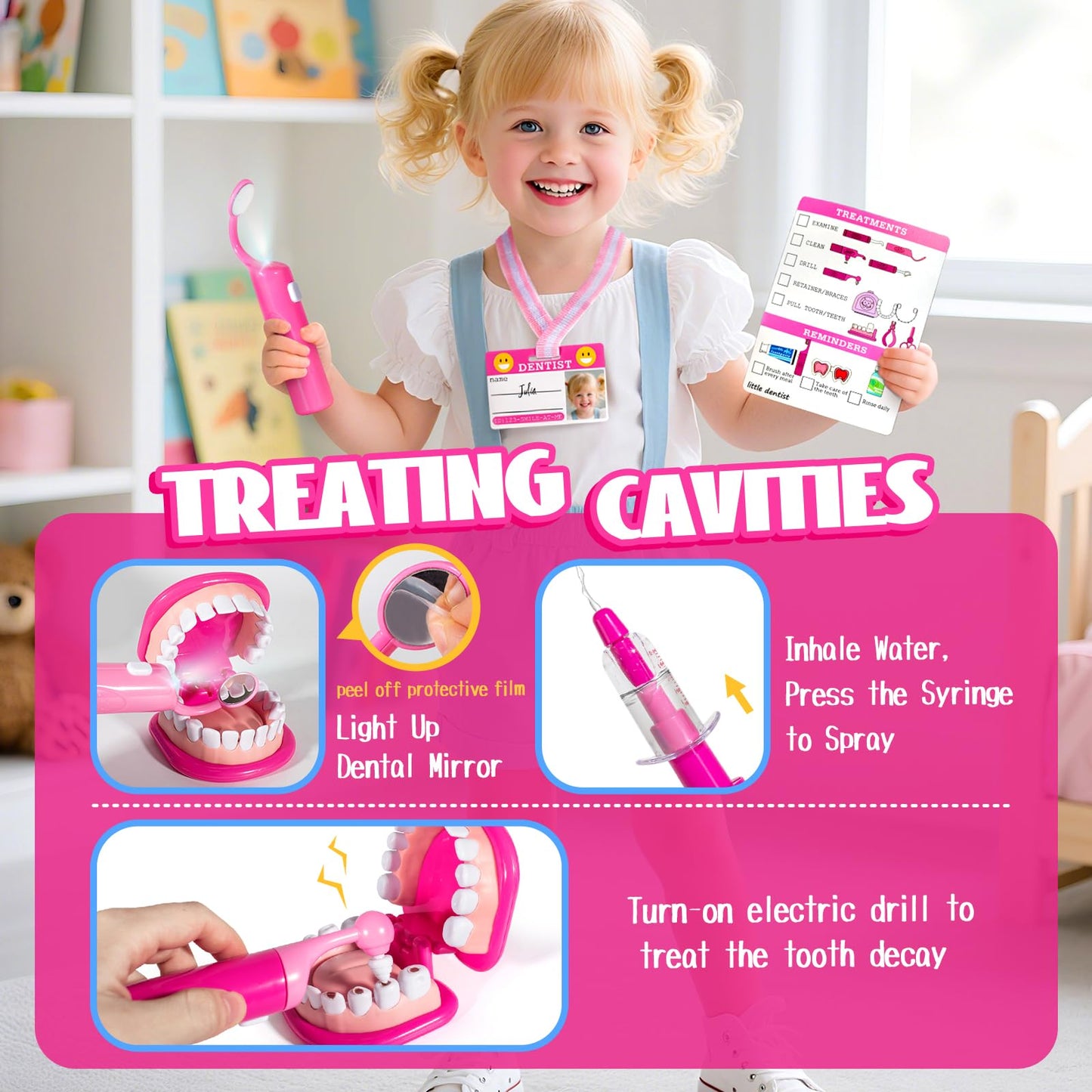 ULOVE ME Kids Dentist Play Set Pink – 22-Piece Dental Kit for Pretend Play