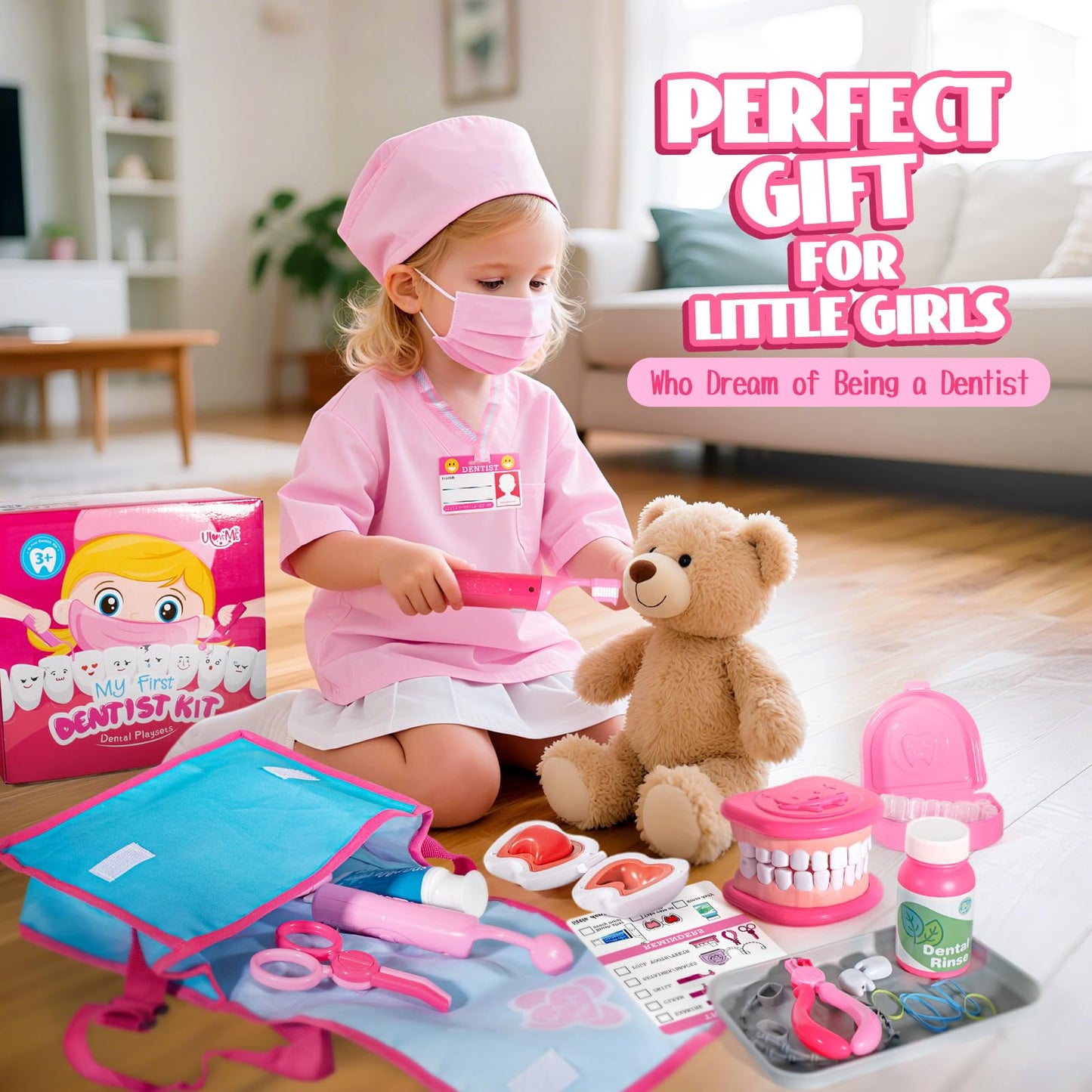 ULOVEME Pink Doctor Kit for Toddlers (3-5) – Dentist Role Play with Teeth Model, Braces & Retainer