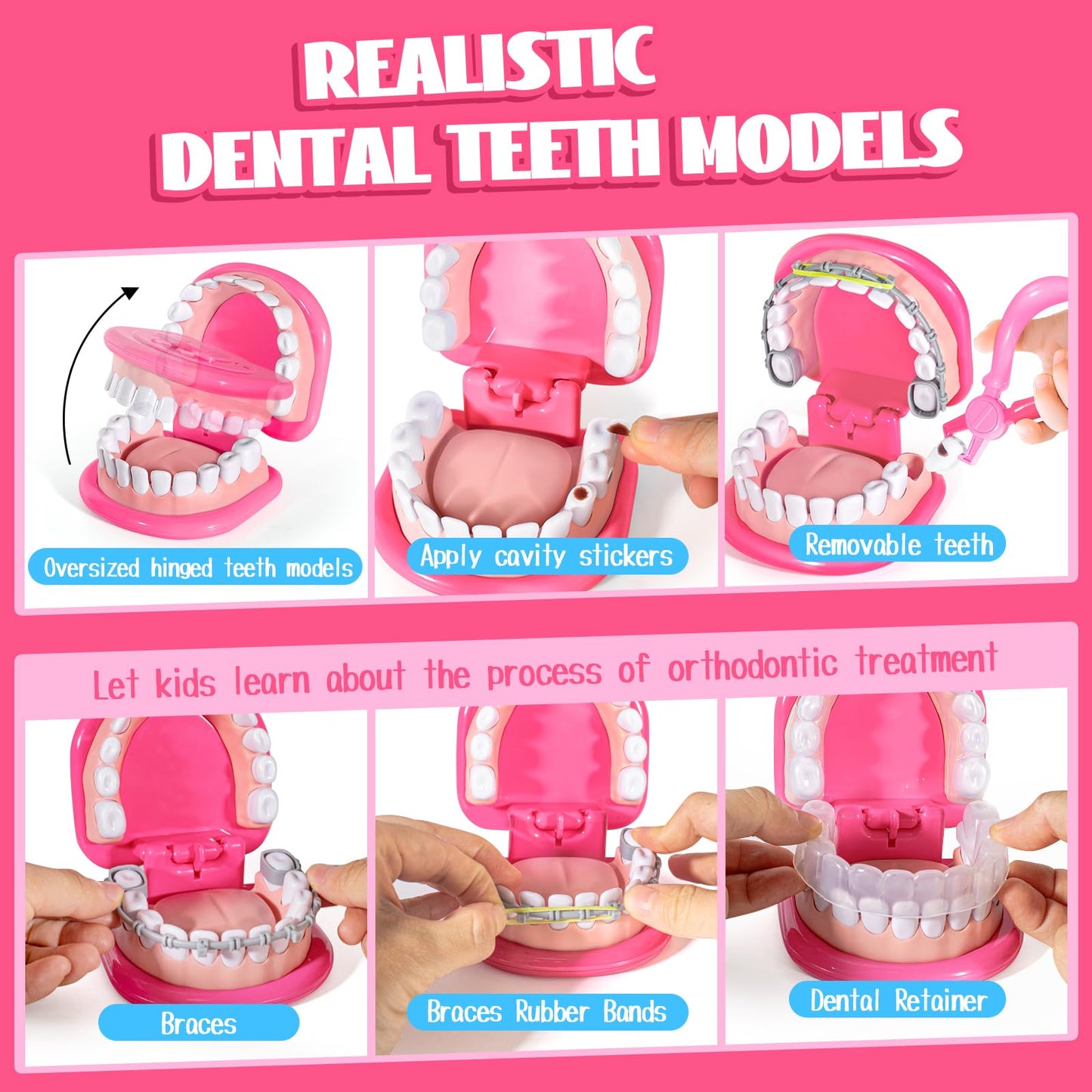 ULOVEME Pink Doctor Kit for Toddlers (3-5) – Dentist Role Play with Teeth Model, Braces & Retainer