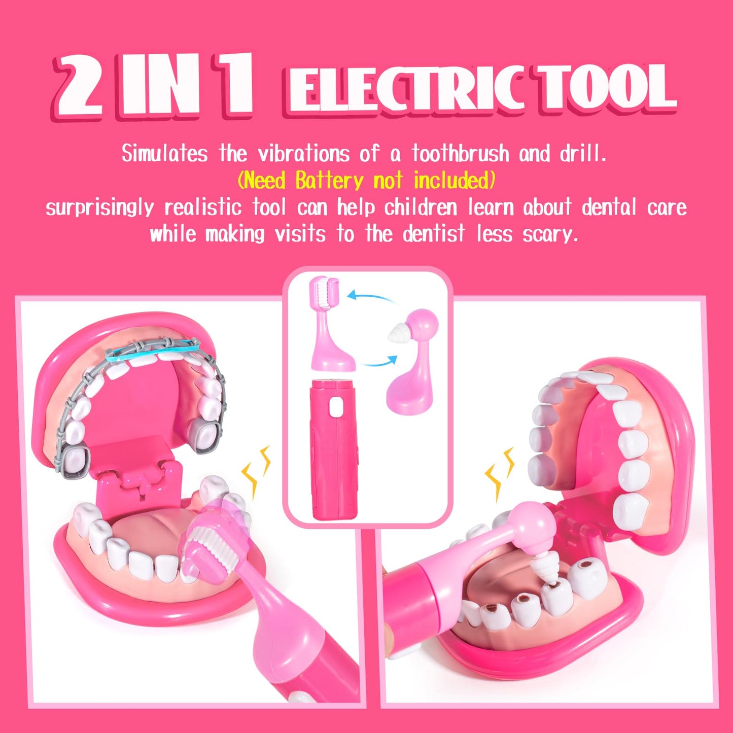 ULOVEME Pink Doctor Kit for Toddlers (3-5) – Dentist Role Play with Teeth Model, Braces & Retainer