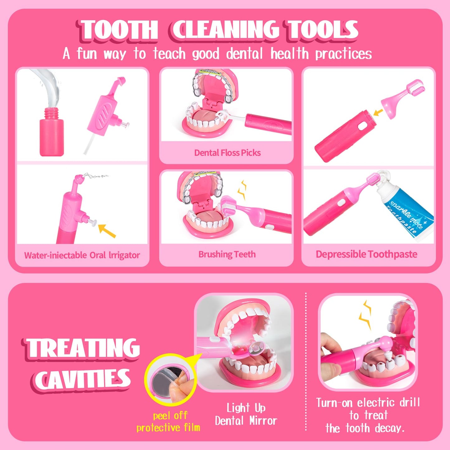 ULOVEME Pink Doctor Kit for Toddlers (3-5) – Dentist Role Play with Teeth Model, Braces & Retainer