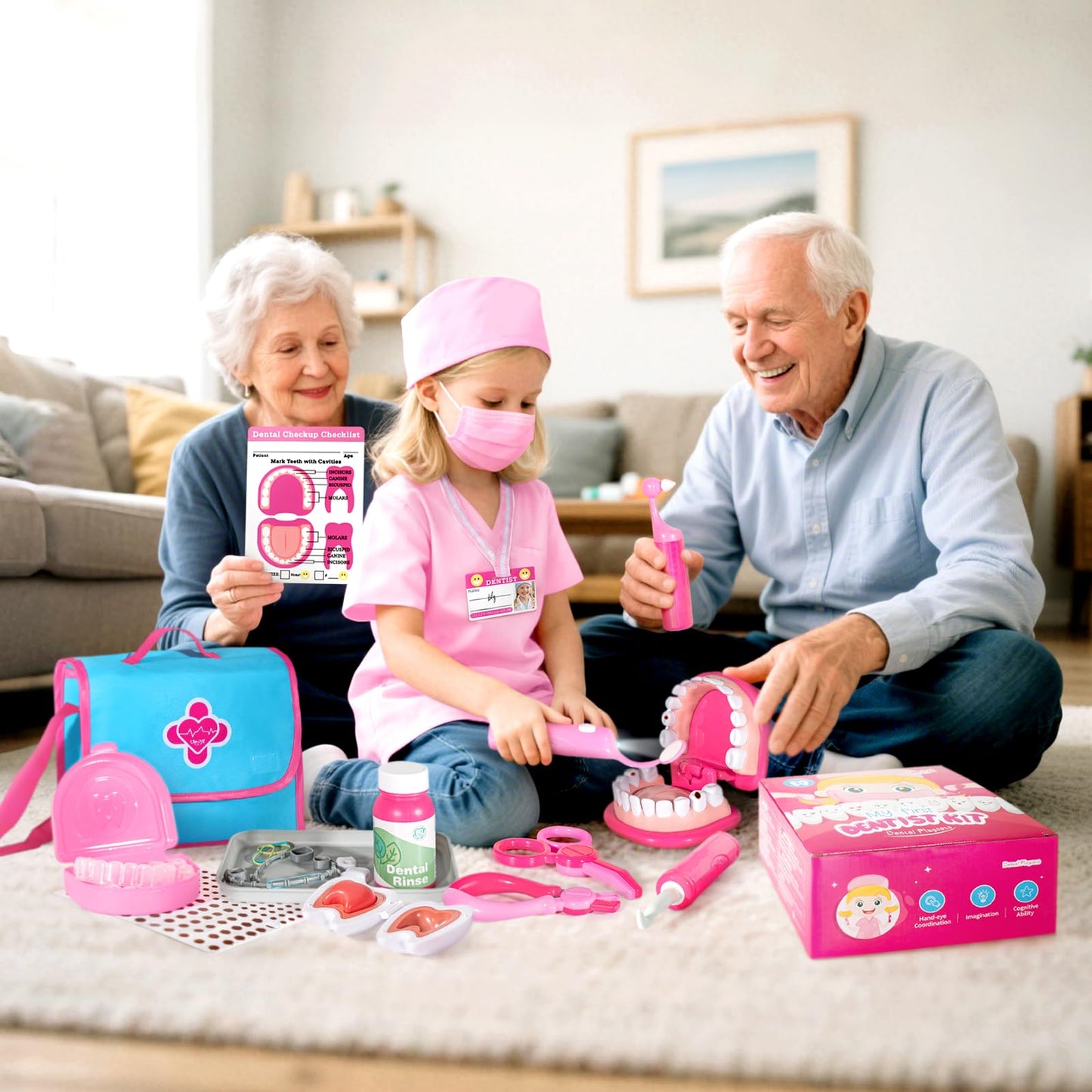 ULOVEME Pink Doctor Kit for Toddlers (3-5) – Dentist Role Play with Teeth Model, Braces & Retainer