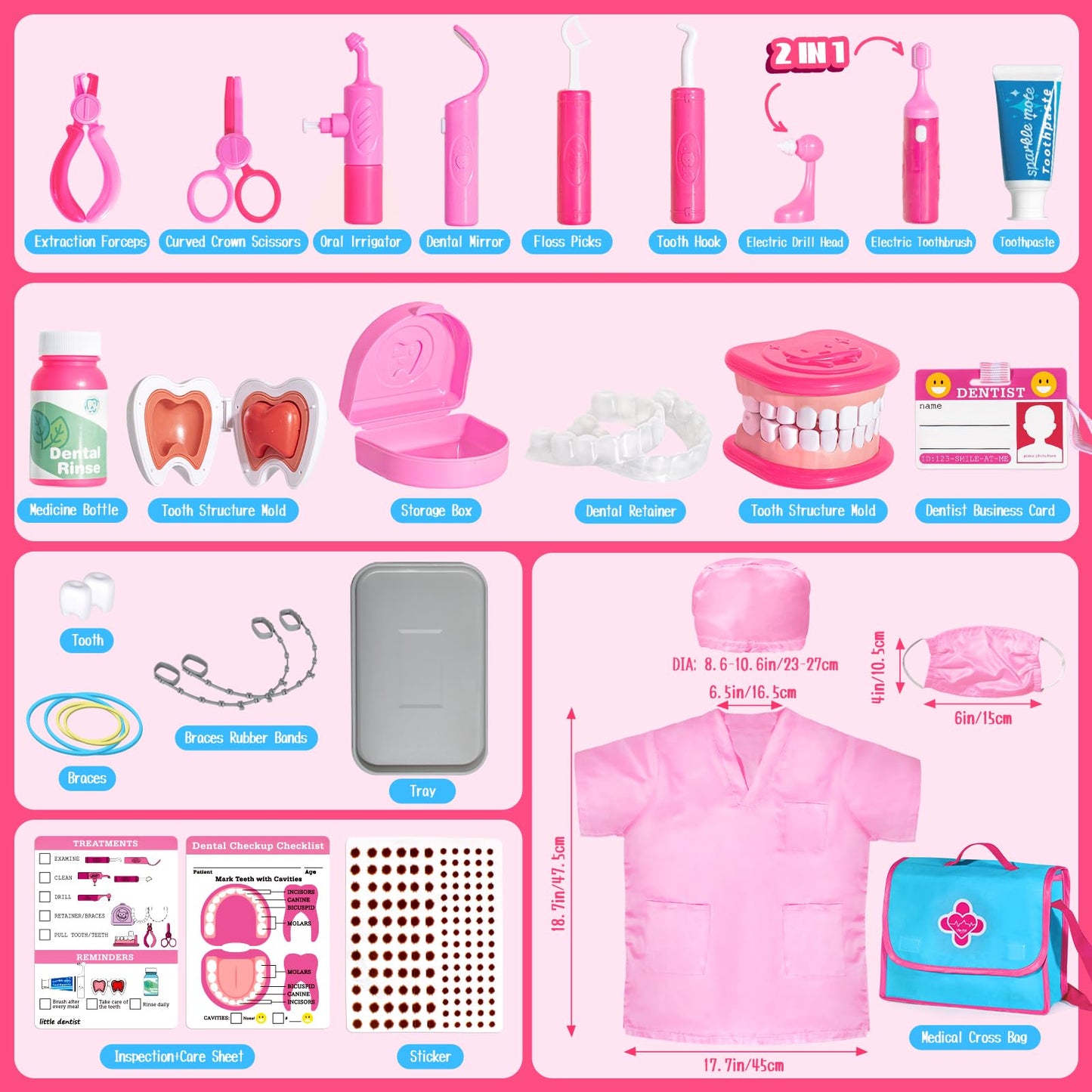 ULOVEME Pink Doctor Kit for Toddlers (3-5) – Dentist Role Play with Teeth Model, Braces & Retainer
