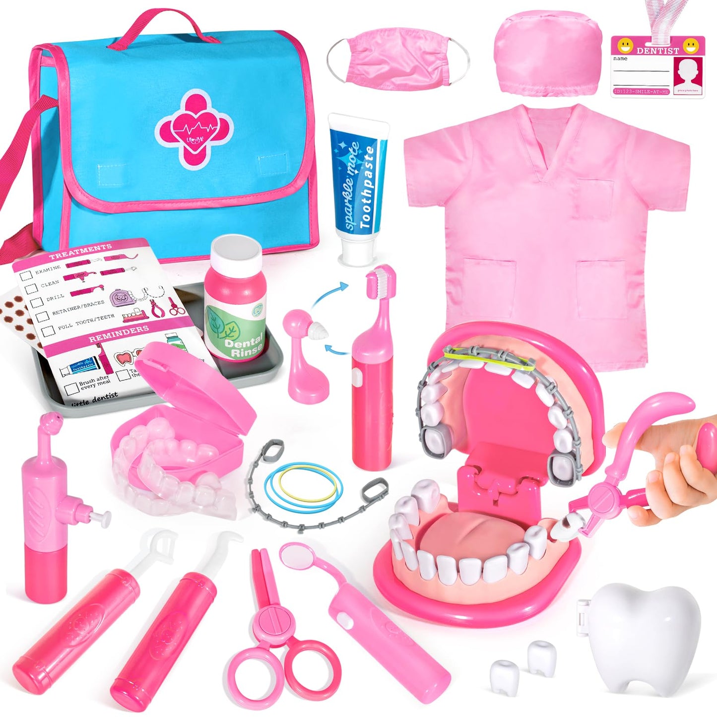 ULOVEME Pink Doctor Kit for Toddlers (3-5) – Dentist Role Play with Teeth Model, Braces & Retainer