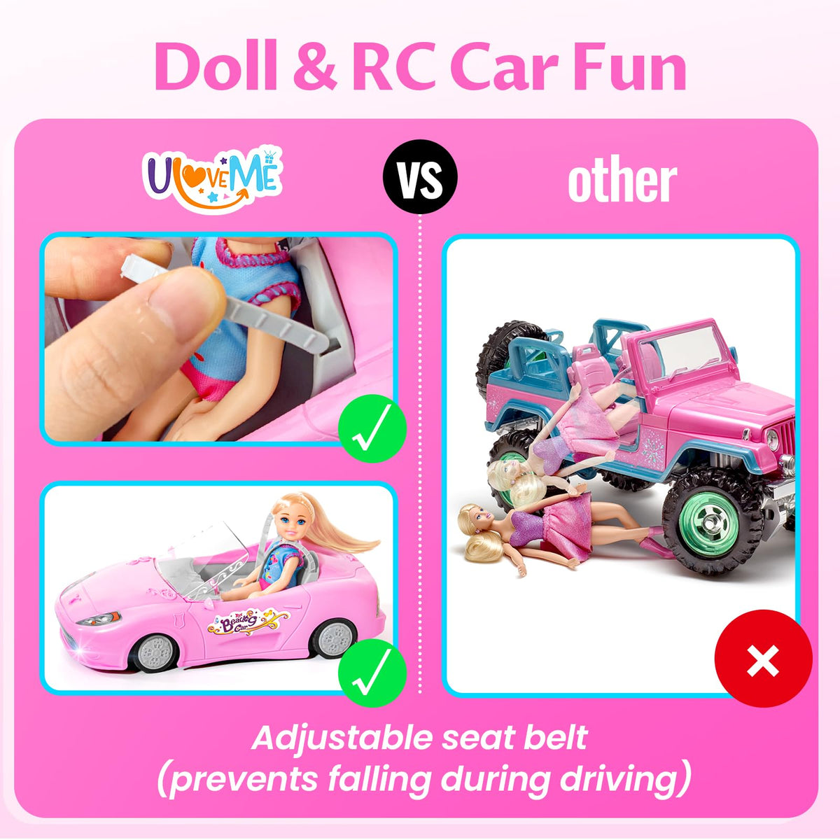 ULOVEME 2.4Ghz RC Car for Girls | 1:18 Doll Seat, 100 Min Playtime