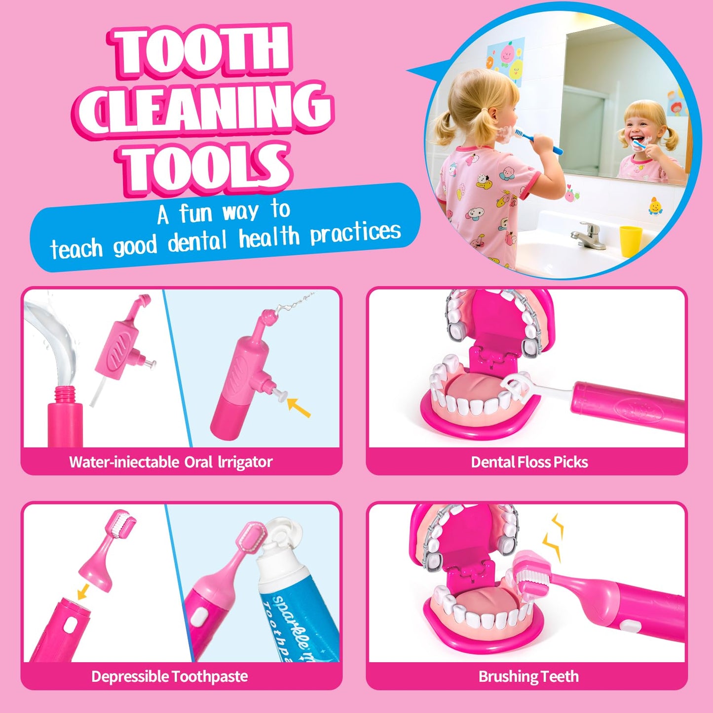 ULOVE ME Kids Dentist Play Set Pink – 22-Piece Dental Kit for Pretend Play