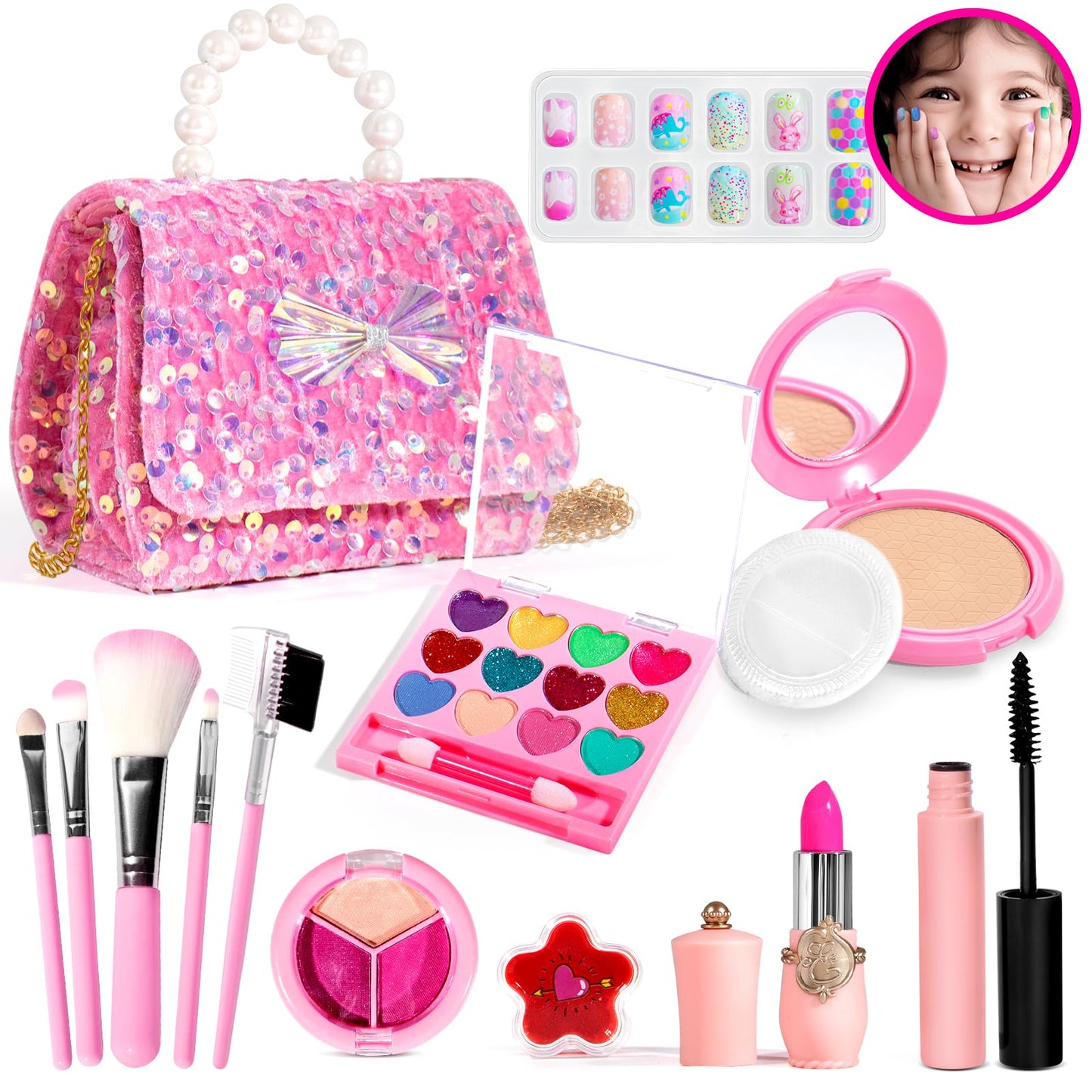 ULOVEME Kids Real Makeup Kit for Girls – Non-Toxic, Washable, Unicorn Theme with Sequin Pouch
