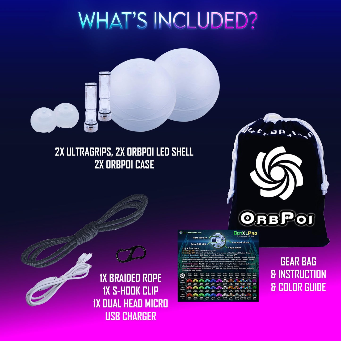 UltraPoi OrbPoi Non-LED Knob Handles + LED Poi Balls Set – USB Rechargeable, 30+ Color Modes