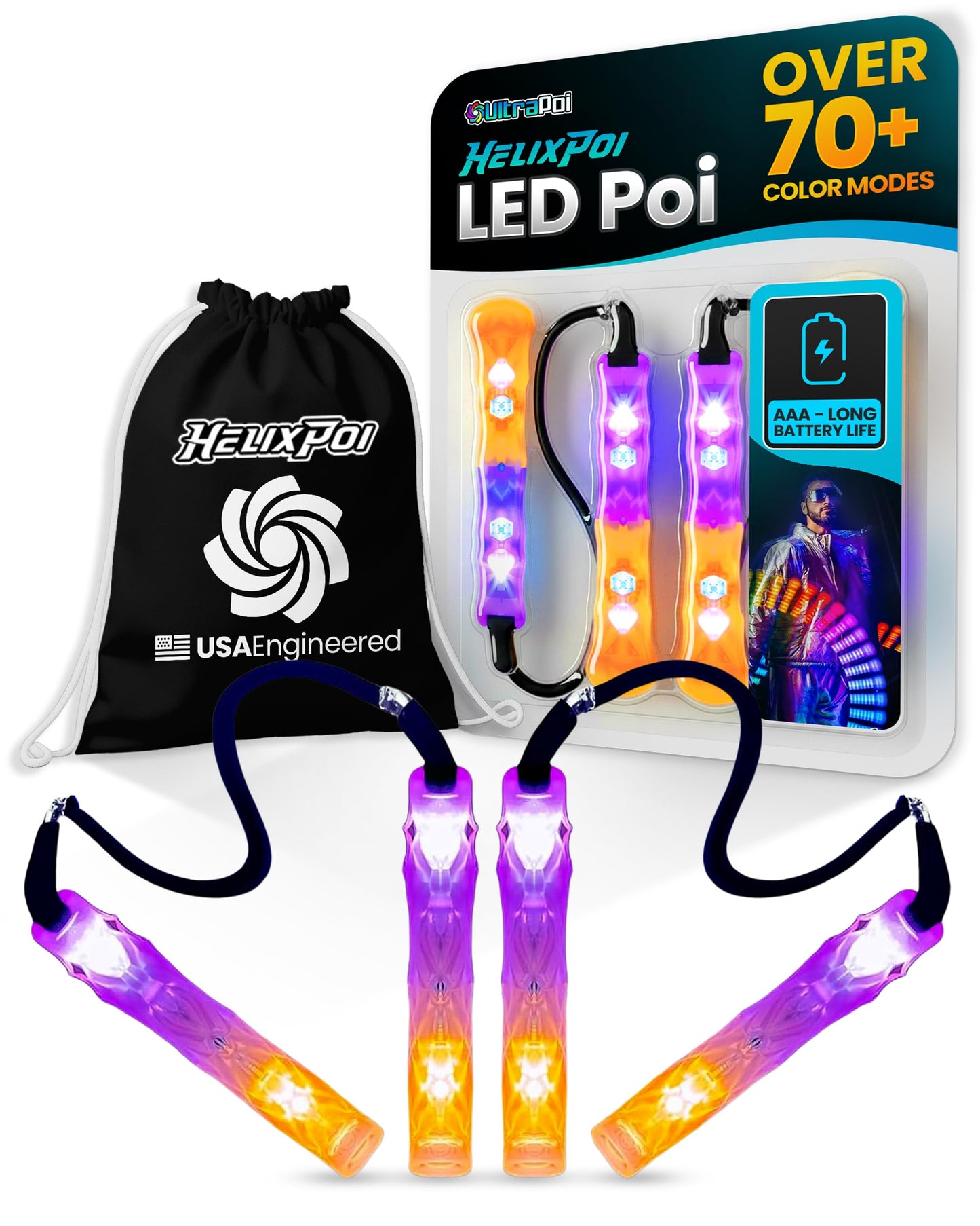 UltraPoi HelixPoi Set with LED Glowstick Handles – 70+ Color Modes | Flow Arts