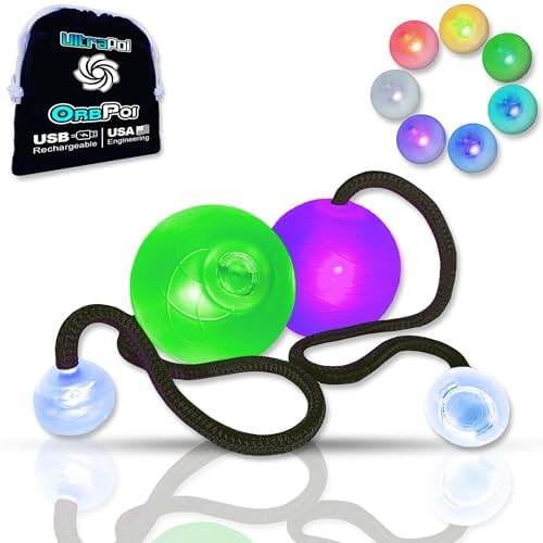 UltraPoi OrbPoi Non-LED Knob Handles + LED Poi Balls Set – USB Rechargeable, 30+ Color Modes