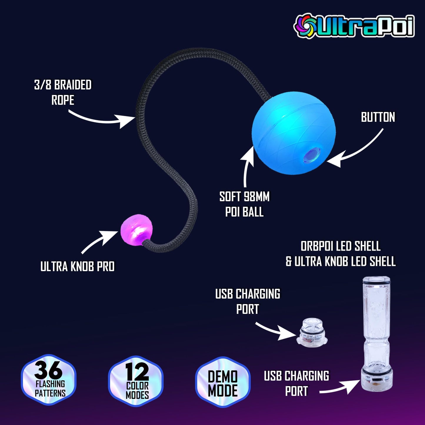 UltraPoi OrbPoi LED Poi Balls - USB Rechargeable Flow Toys with 30+ Color Modes