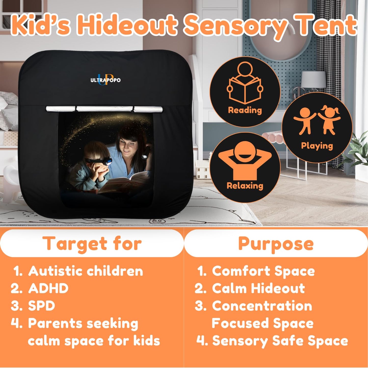 Ultrapopp Pop-Up Sensory Tent for Kids — Extra Big 47x47in Blackout Calming Hideout Den